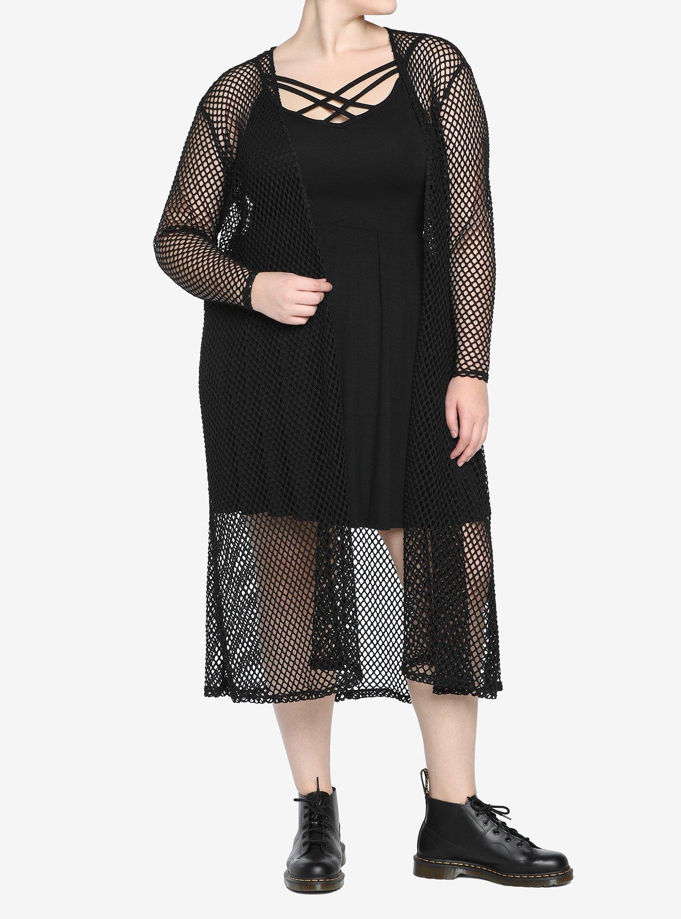 Black Fishnet Long Duster Plus Size, BLACK, alternate