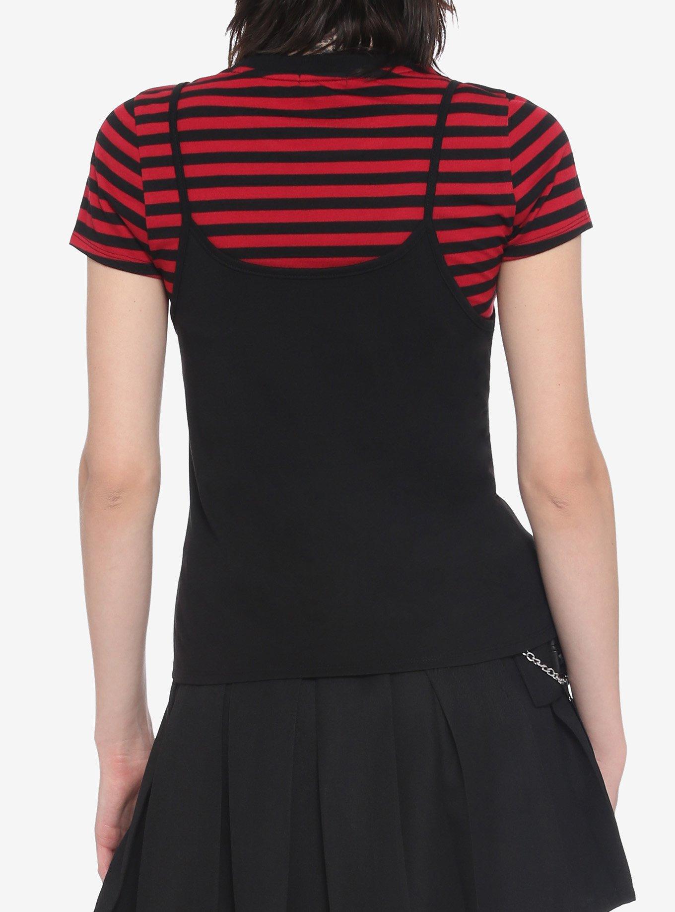 Dead Inside Black & Red Stripe Girls Strappy Tank Top With T-Shirt, STRIPES - RED, alternate