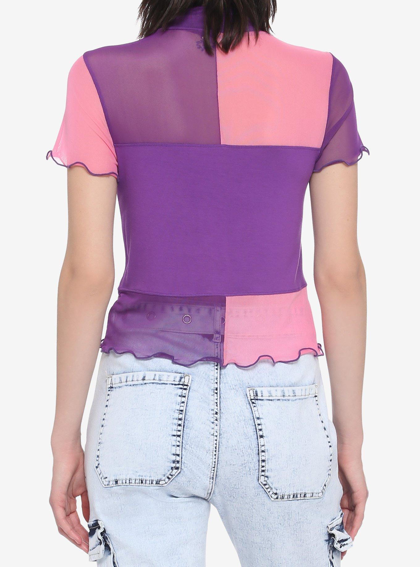 Pink & Purple Color-Block Mesh Mock Neck Girls Top, MULTI, alternate