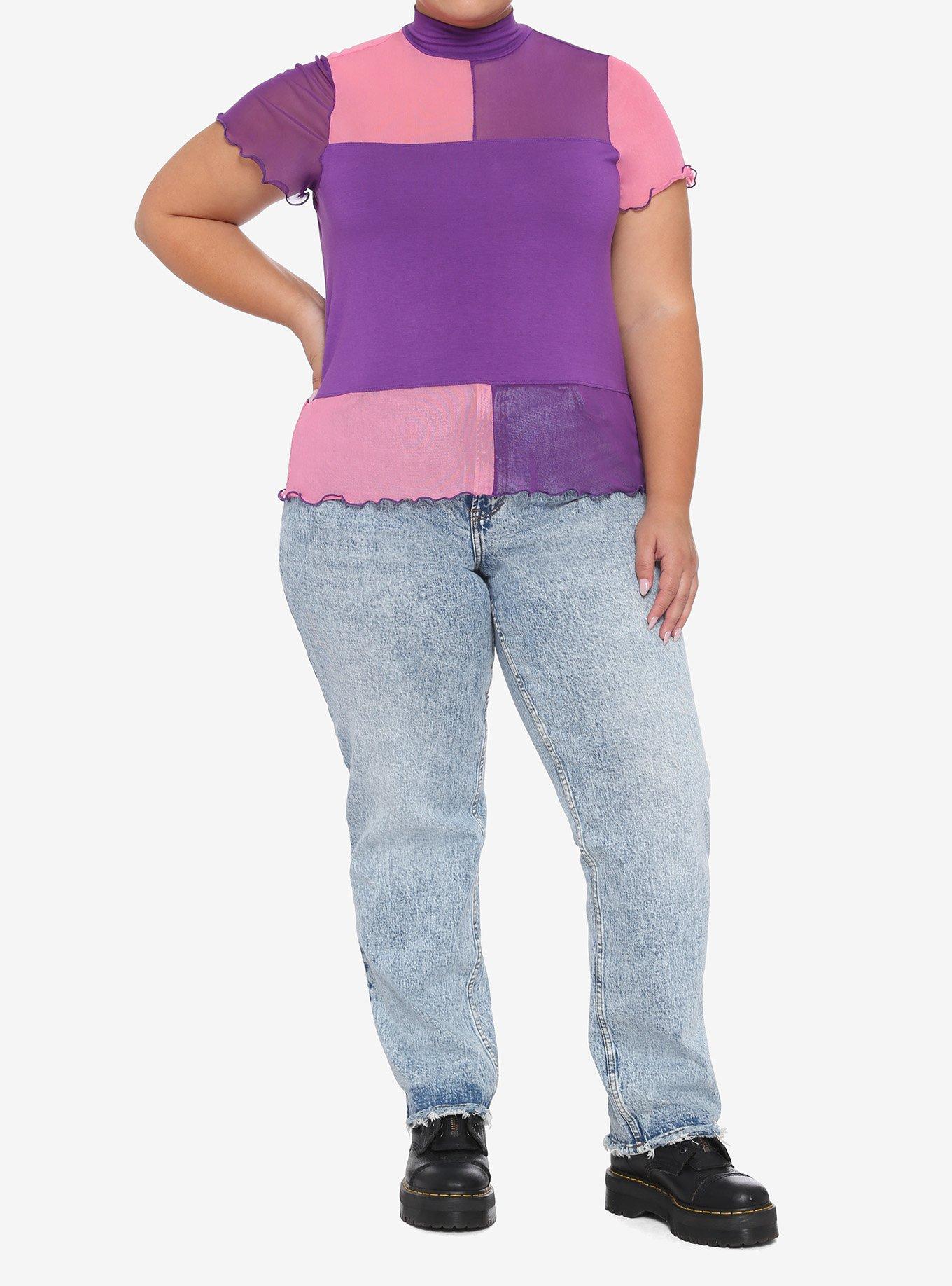 Pink & Purple Color-Block Mesh Mock Neck Girls Top Plus Size, MULTI, alternate