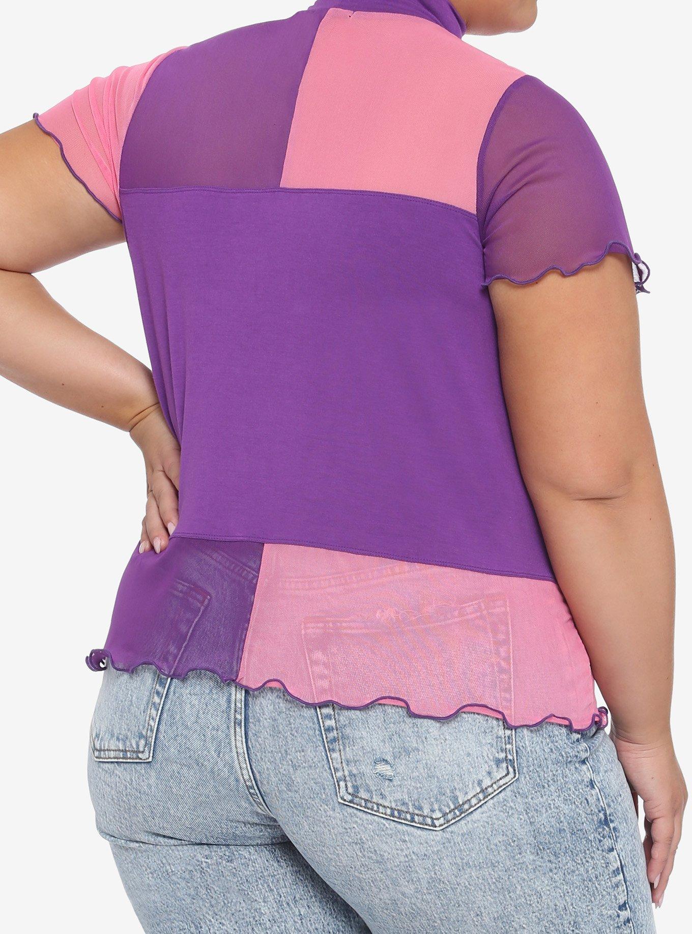 Pink & Purple Color-Block Mesh Mock Neck Girls Top Plus Size, MULTI, alternate