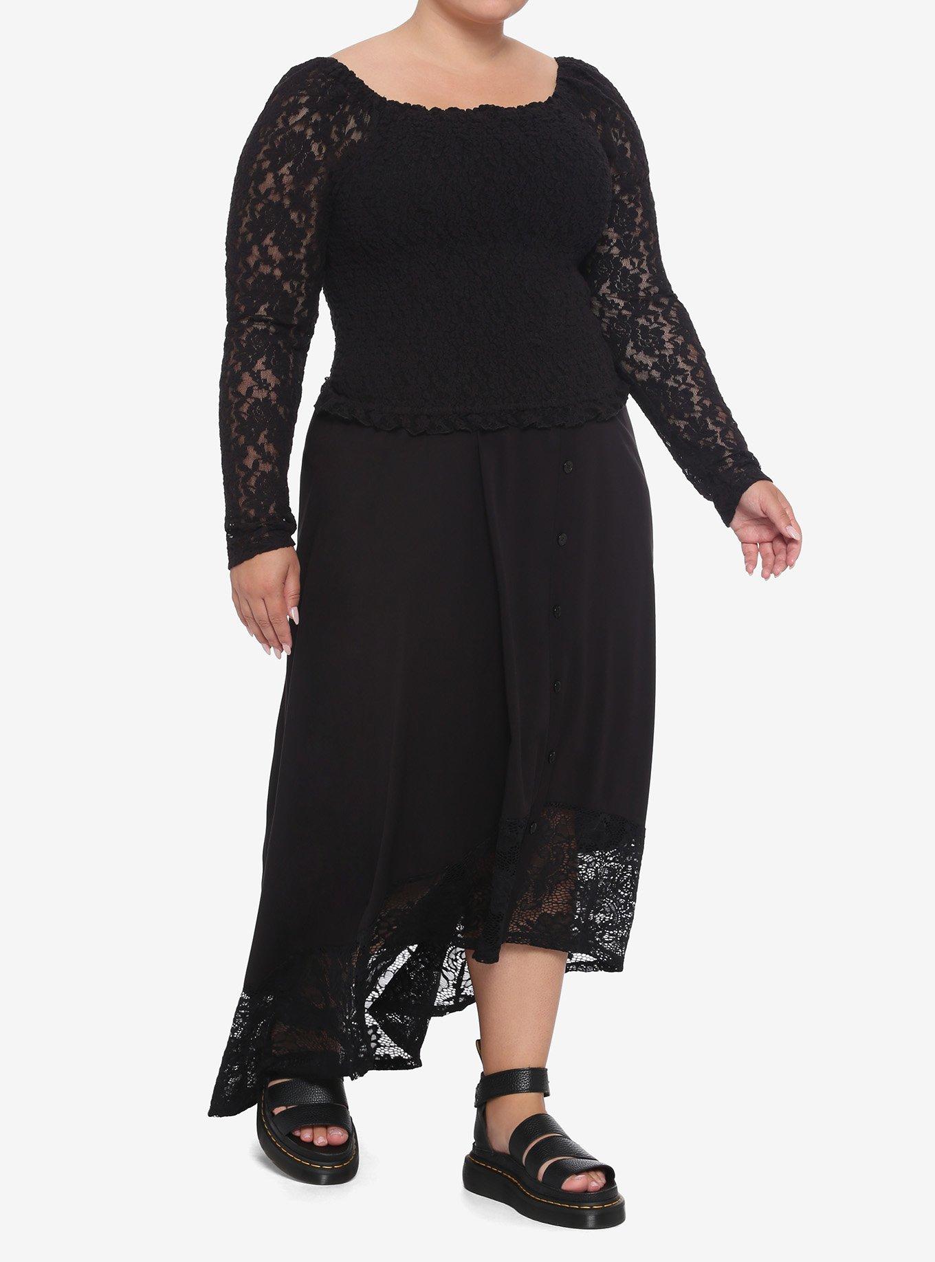Black Lace Smocked Girls Crop Top Plus Size, BLACK, alternate