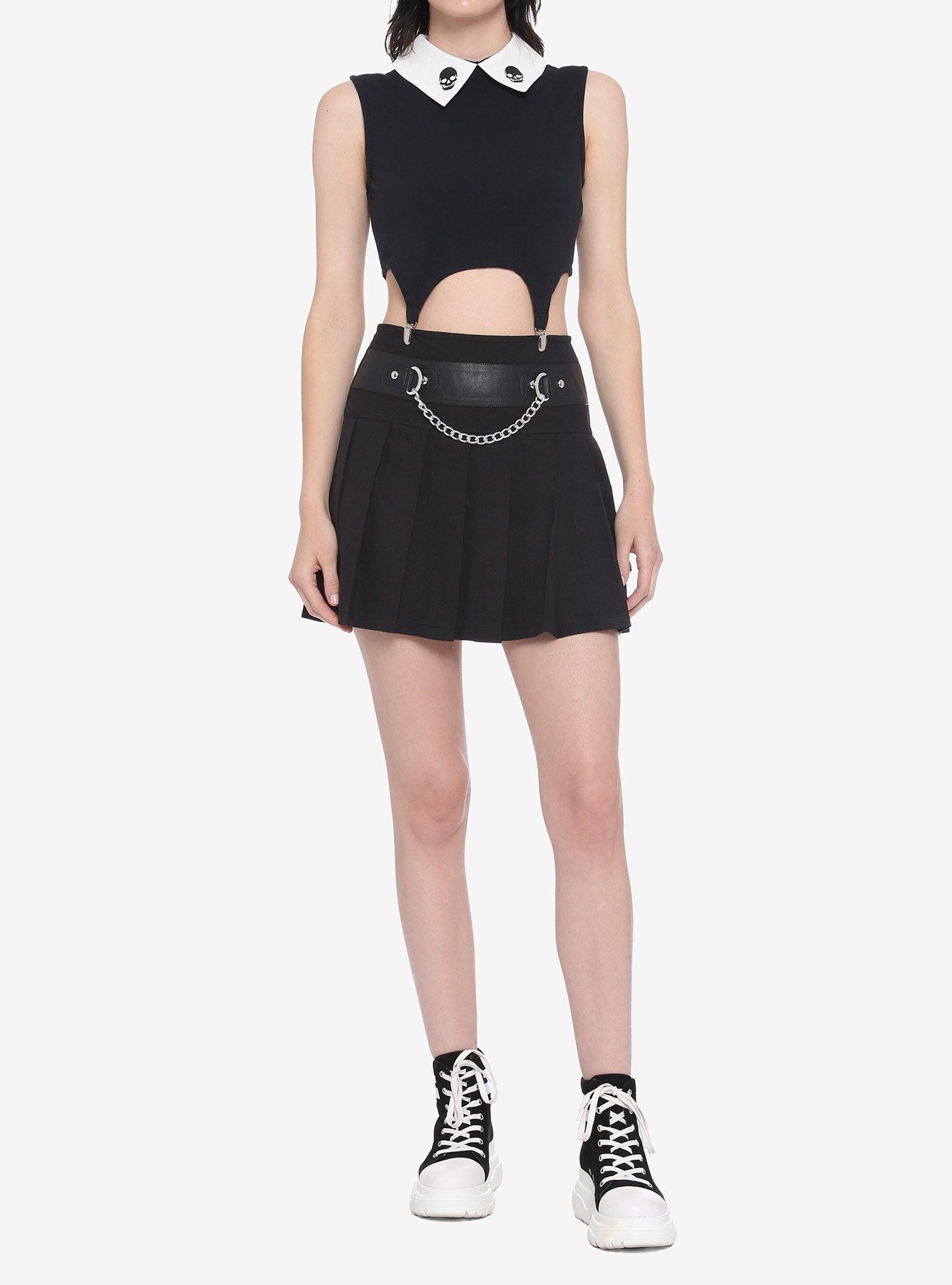 Black Skull White Collar Girls Crop Top With Garters, MULTI, alternate
