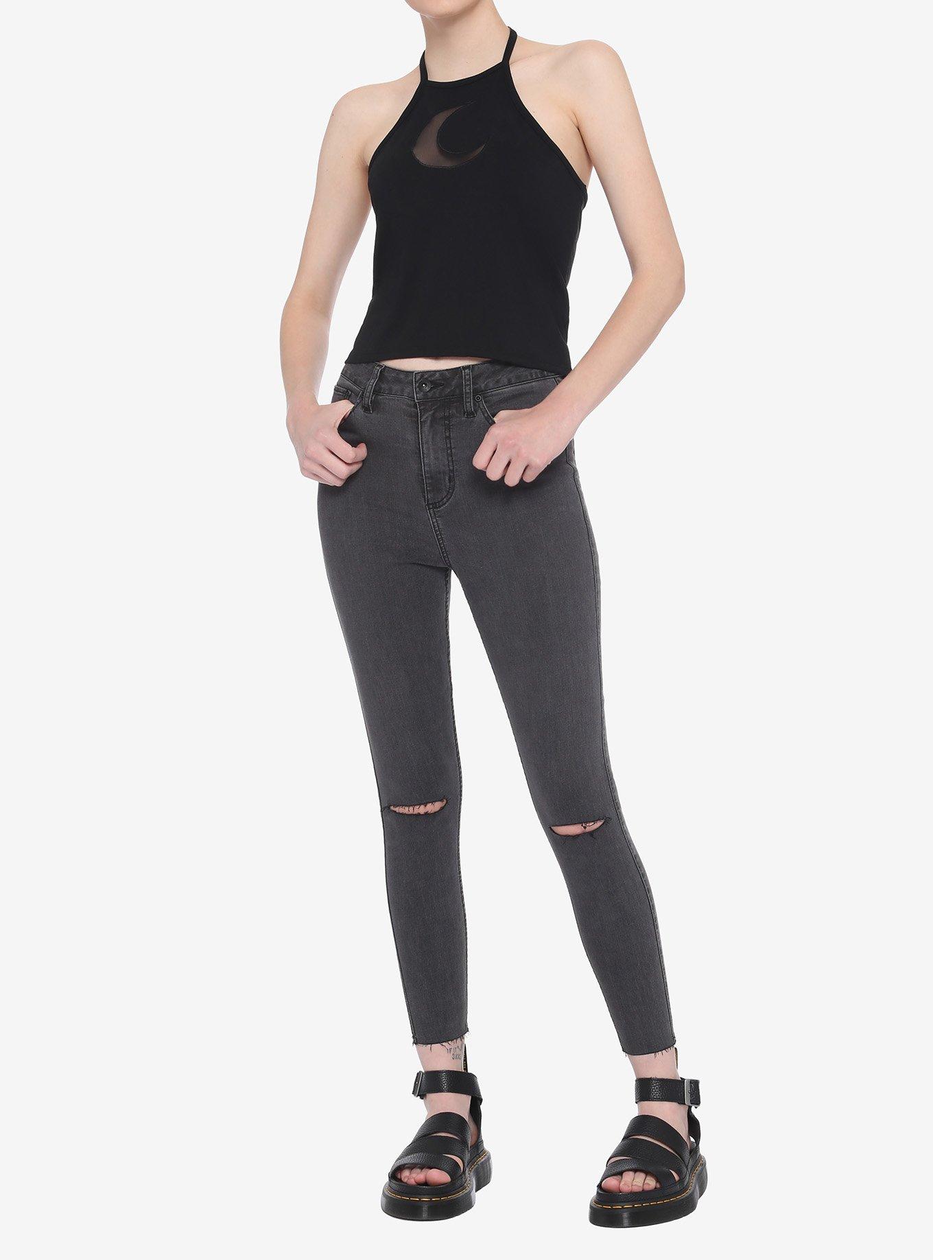Mesh Crescent Moon Girls Halter Top, BLACK, alternate