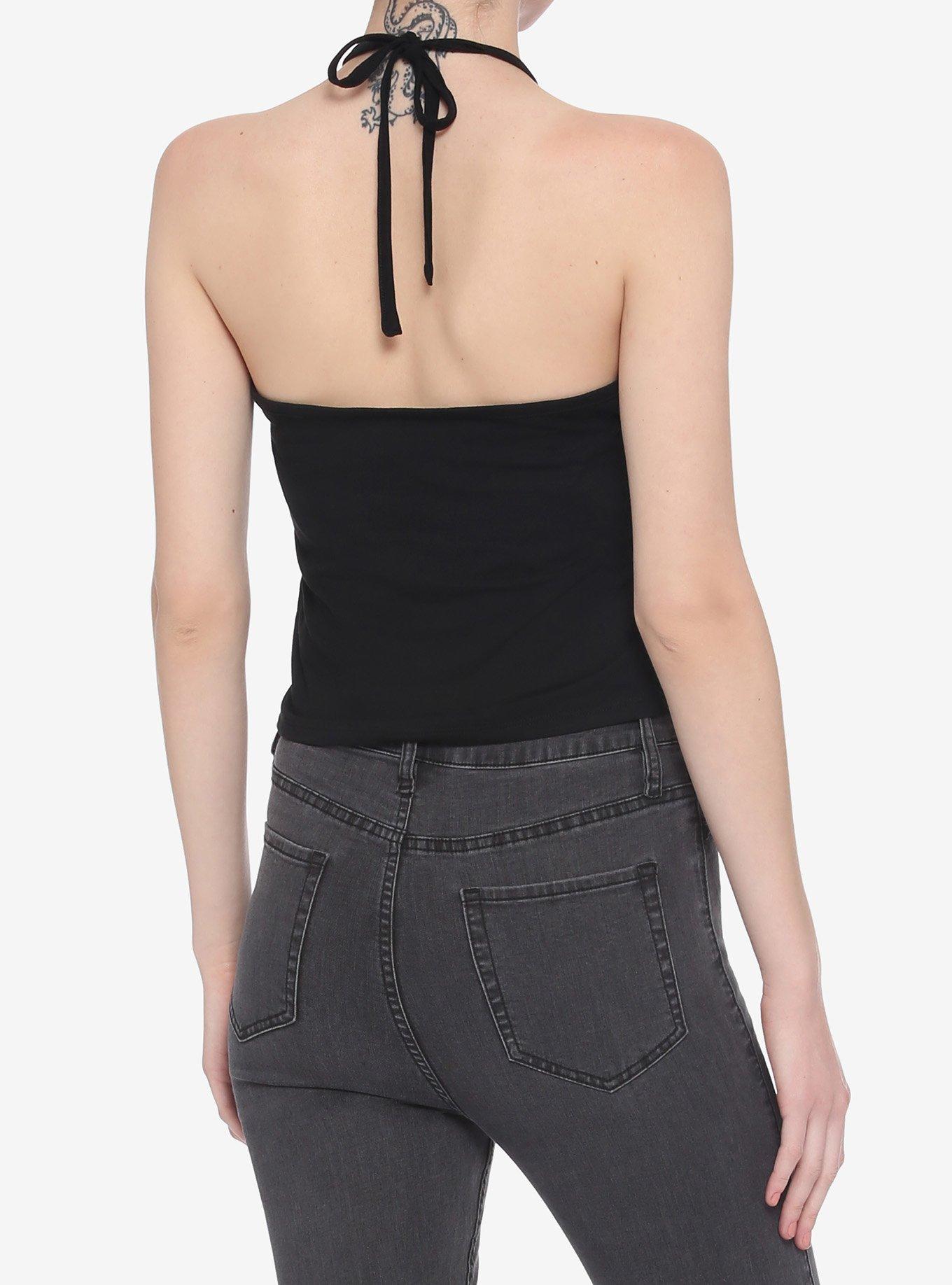 Mesh Crescent Moon Girls Halter Top, BLACK, alternate