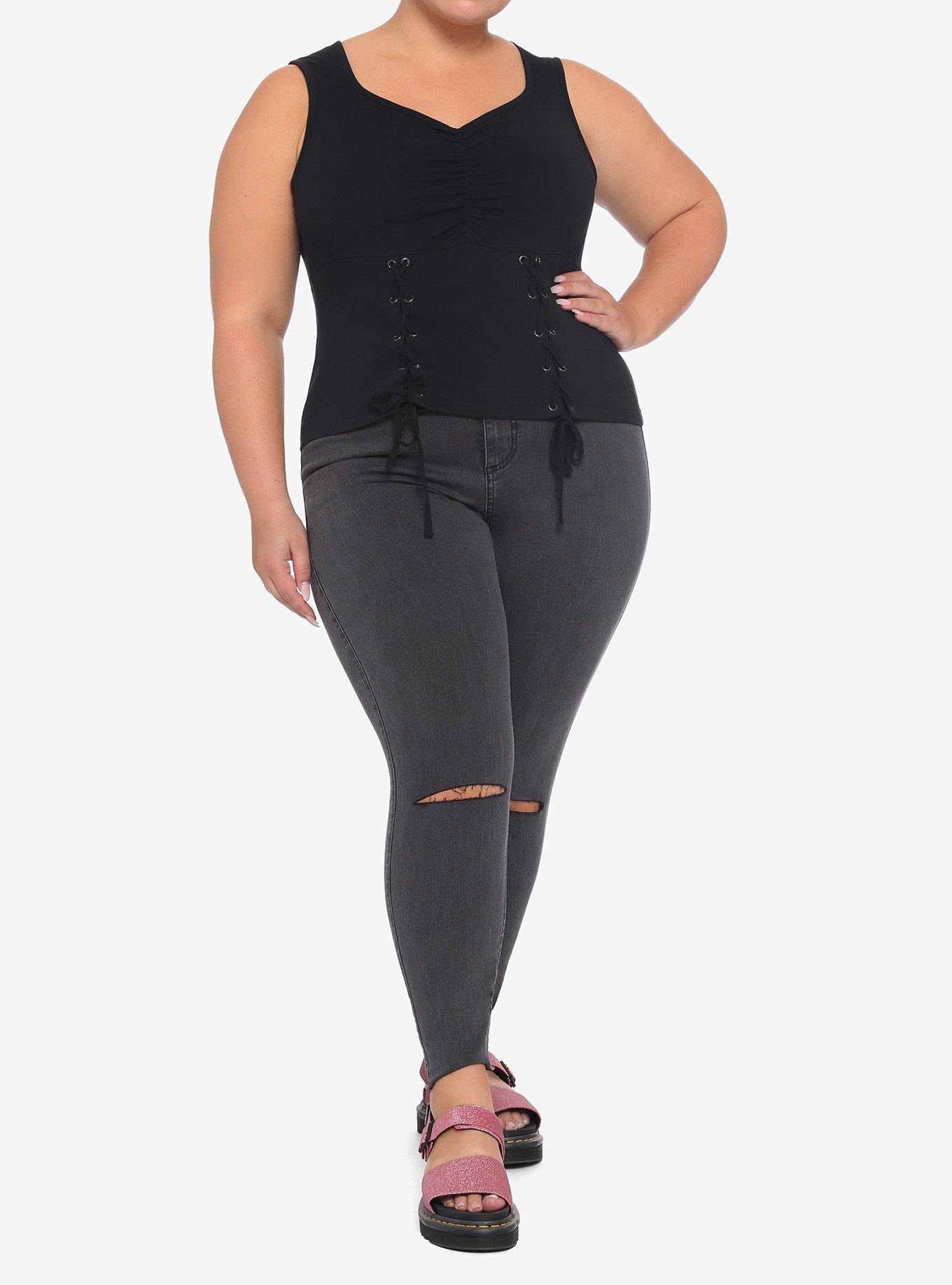 Black Lace-Up Girls Crop Tank Top Plus Size, BLACK, alternate