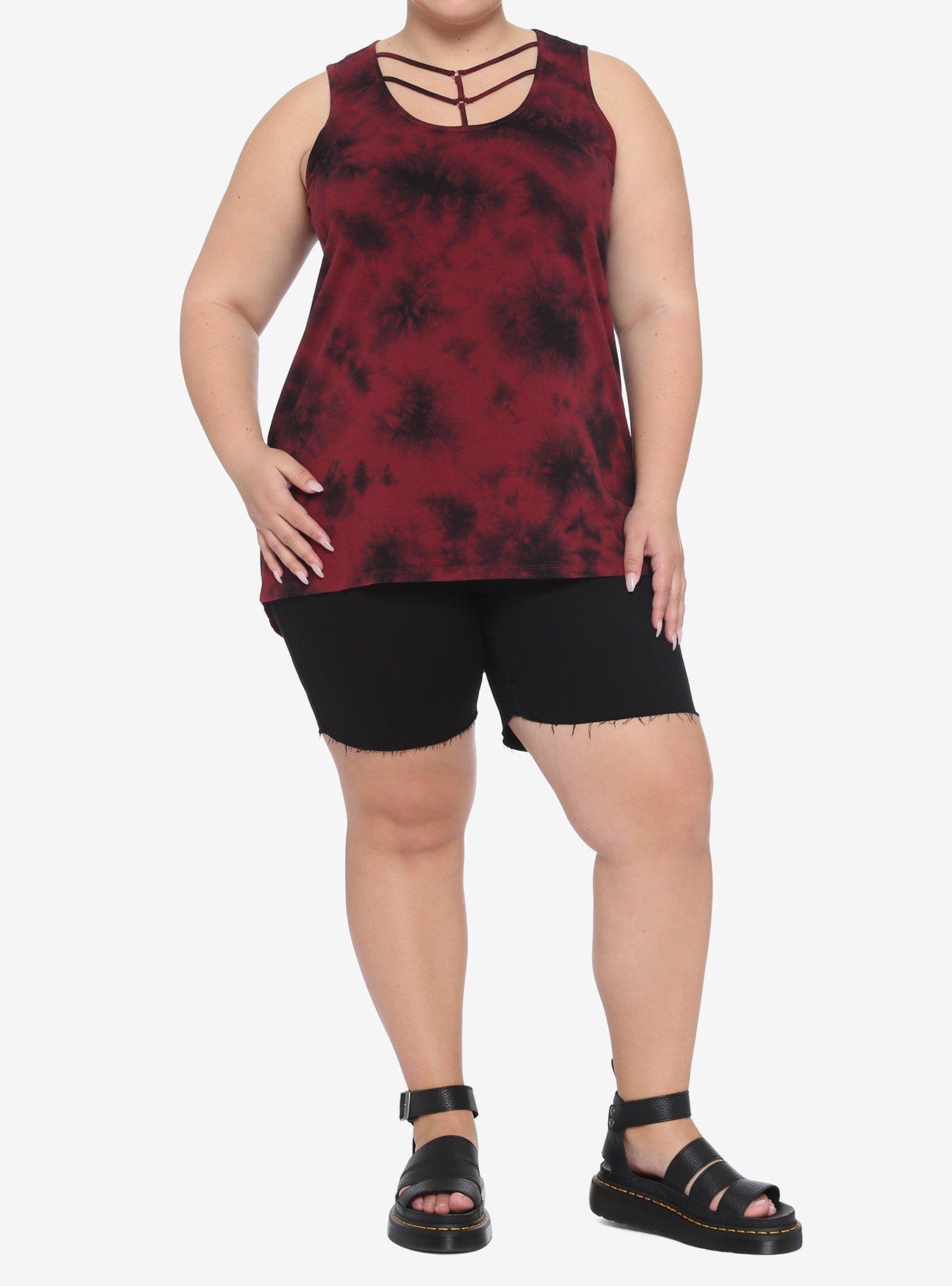 Red & Black Tie-Dye Strappy Hi-Low Girls Tank Top Plus Size, MULTI, alternate