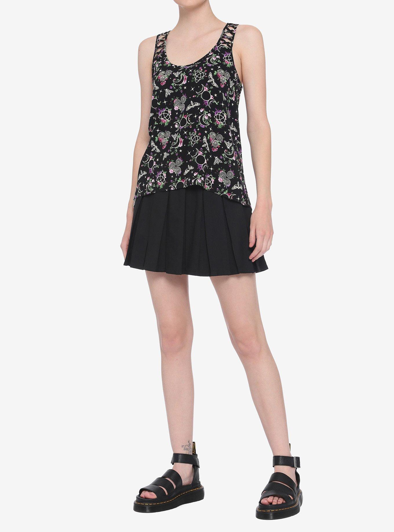 Floral Occult Symbol Crisscross Panel Hi-Low Girls Tank Top, BLACK, alternate