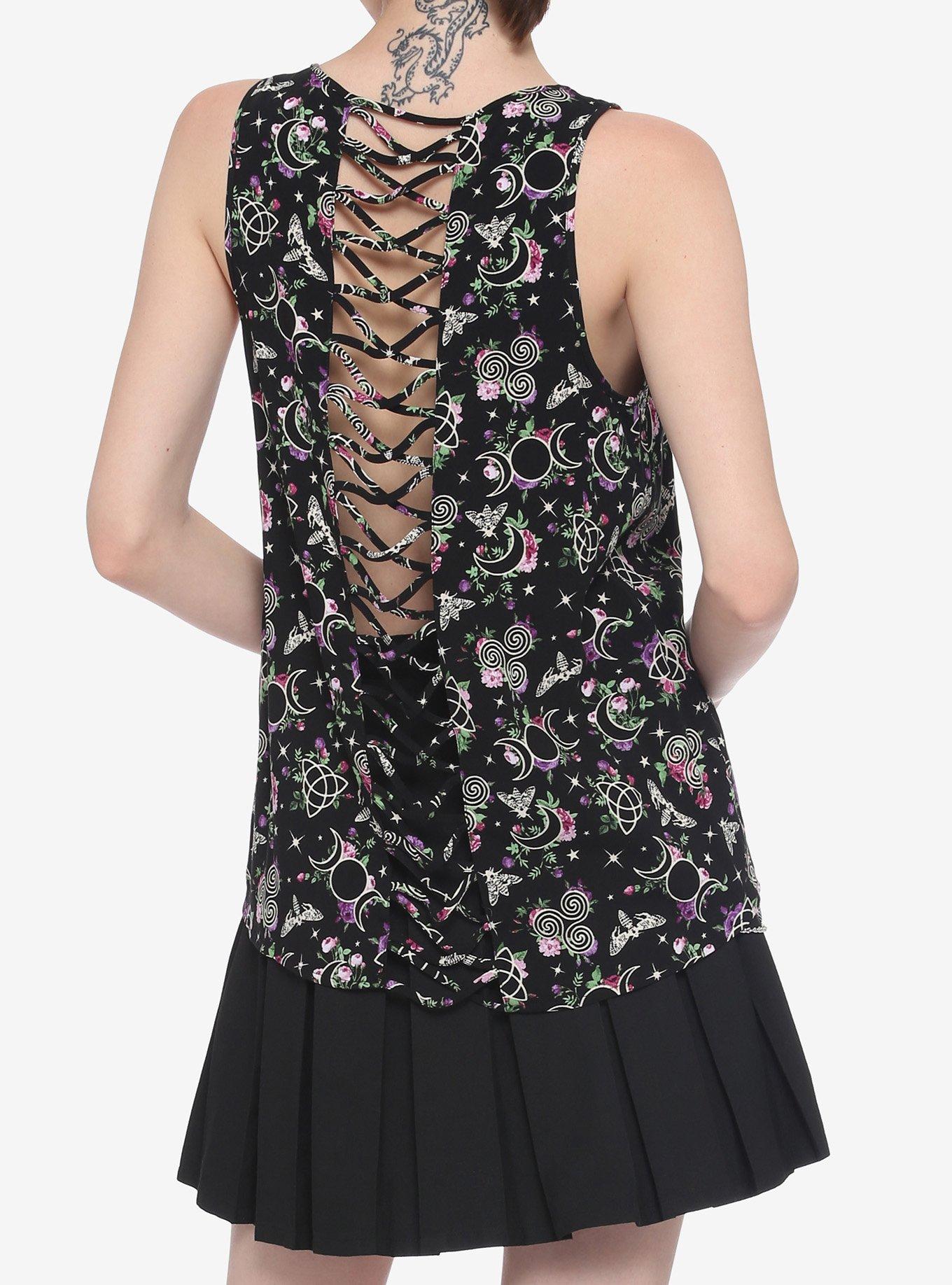 Floral Occult Symbol Crisscross Panel Hi-Low Girls Tank Top, BLACK, alternate