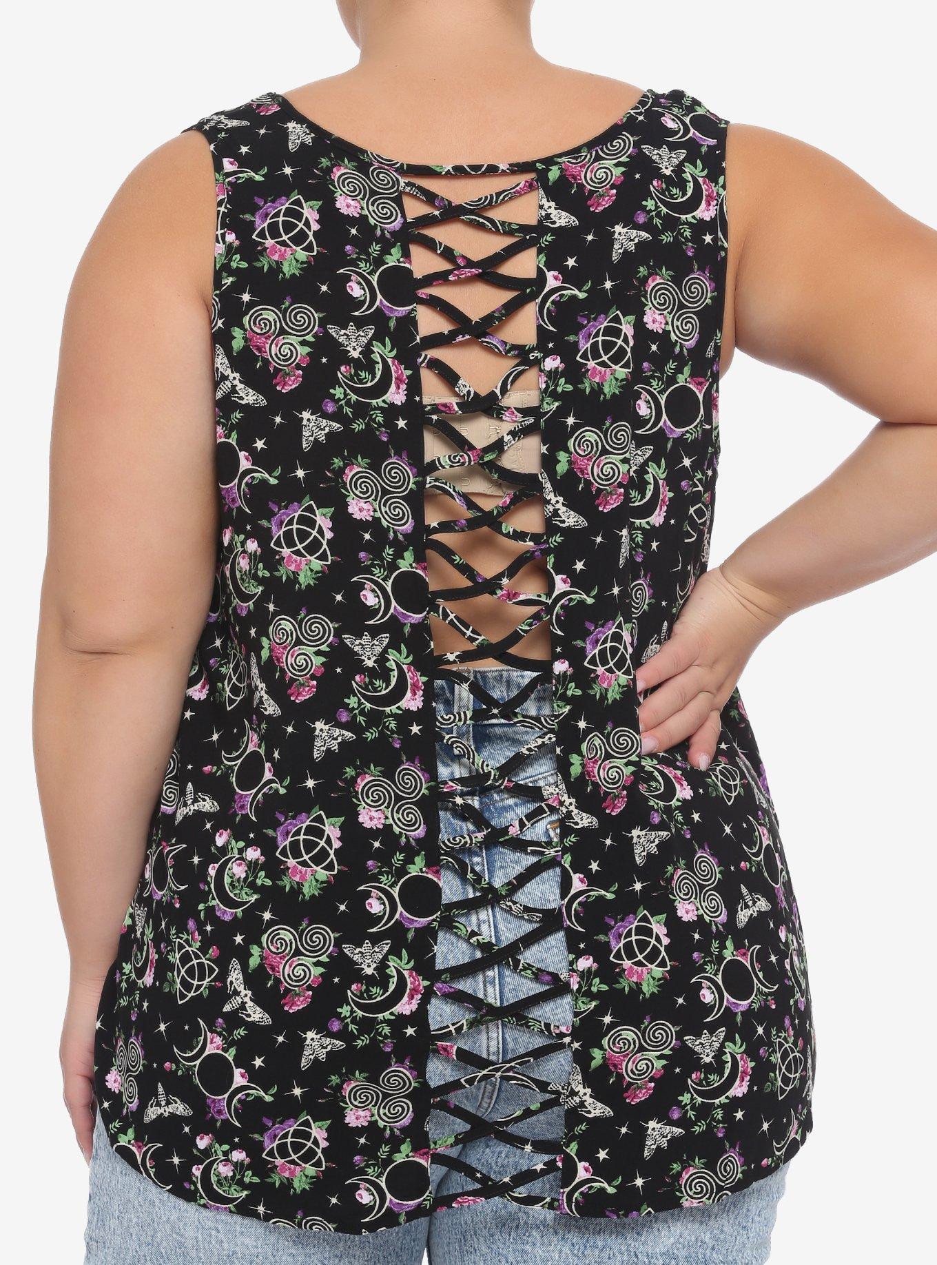 Floral Occult Symbol Crisscross Panel Hi-Low Girls Tank Top Plus Size, BLACK, alternate