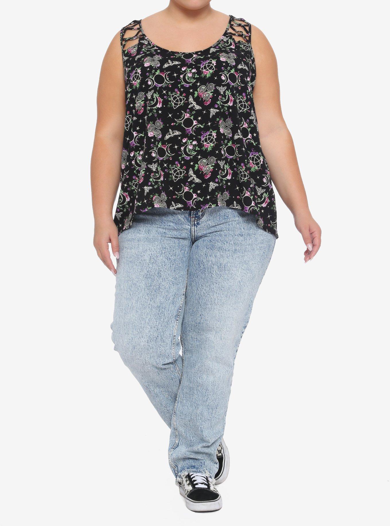 Floral Occult Symbol Crisscross Panel Hi-Low Girls Tank Top Plus Size, BLACK, alternate