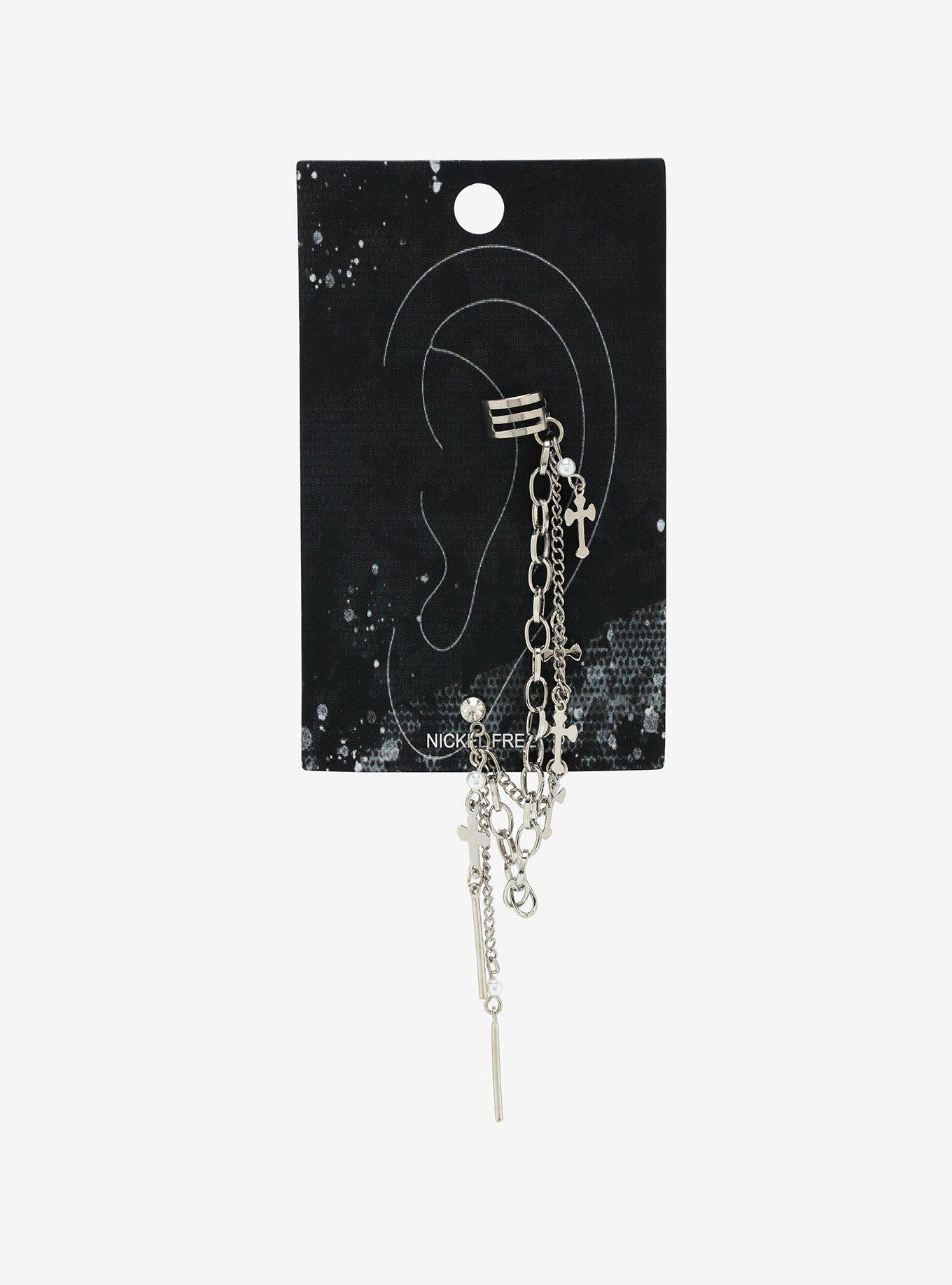 Silver Cross Chain Ear Cuff, , alternate