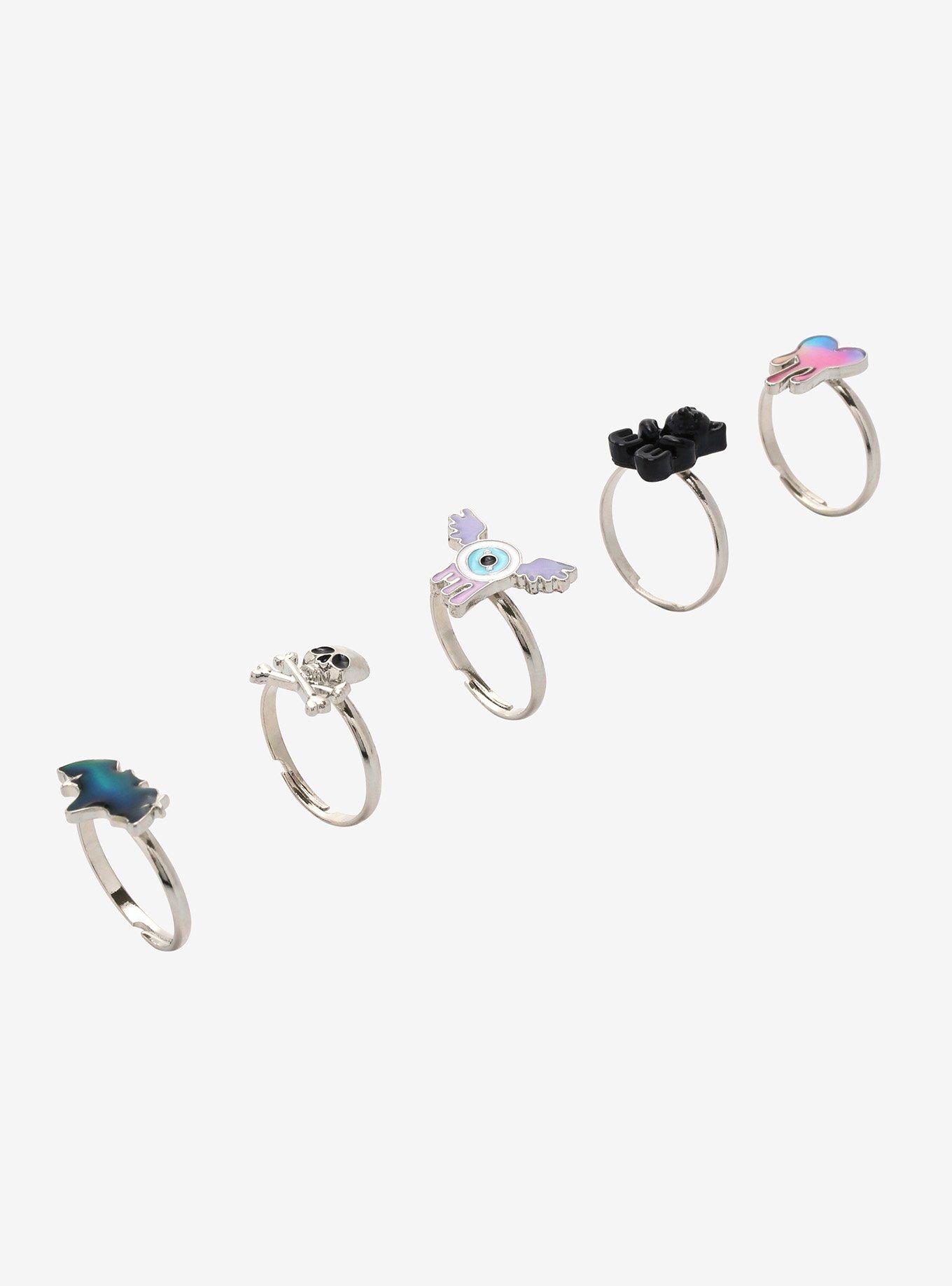 Heart Bear Skull Bat Mood Ring Set, , alternate