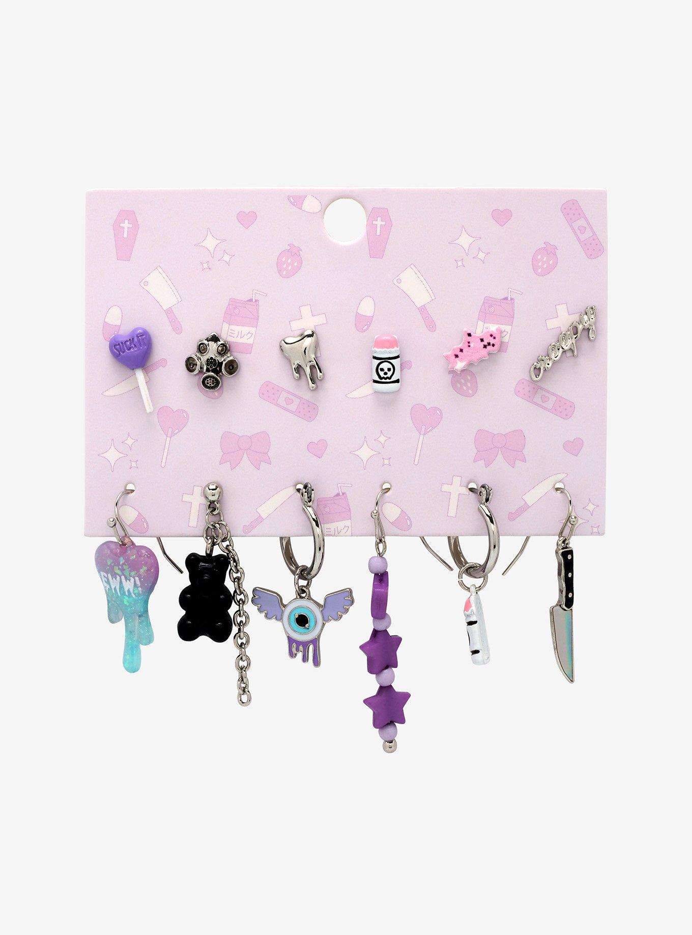 Dark Kawaii Mismatch Stud & Drop Earring Set, , alternate