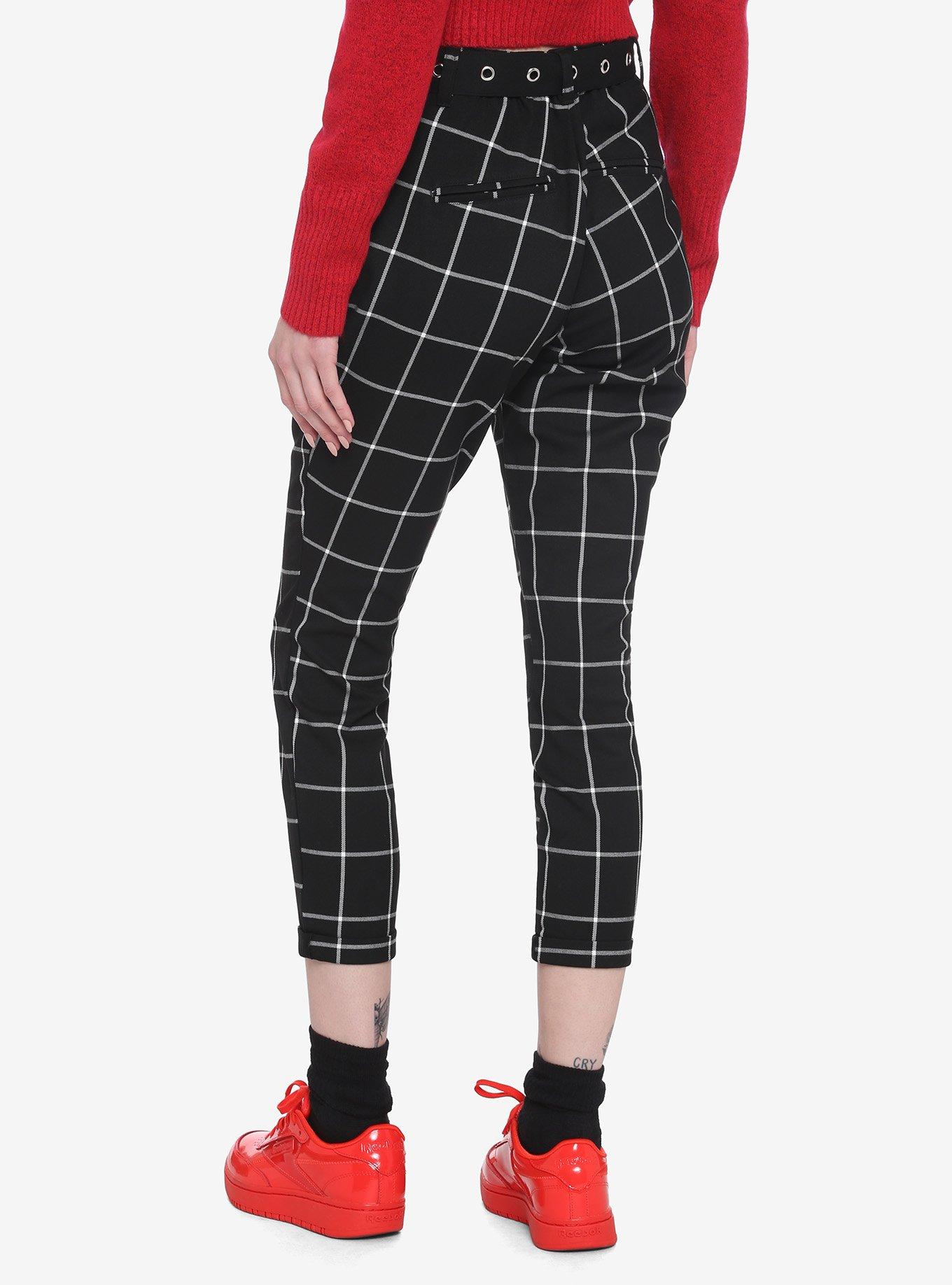 Black & White Grid Plaid Pants With Grommet Belt, BLACK, alternate