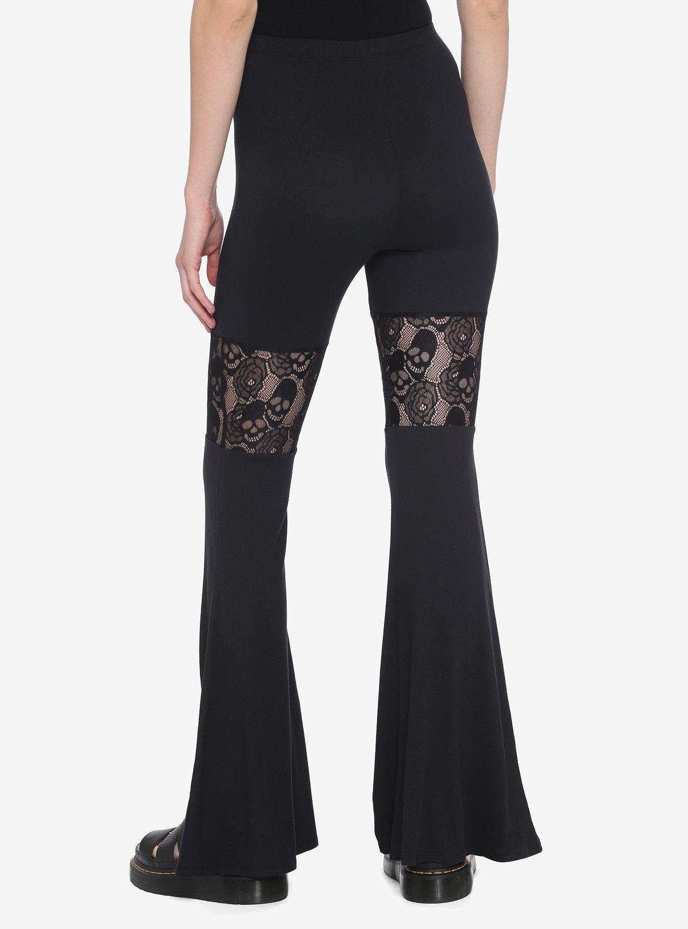 Skull Rose Lace Flared Leggings, BLACK, alternate