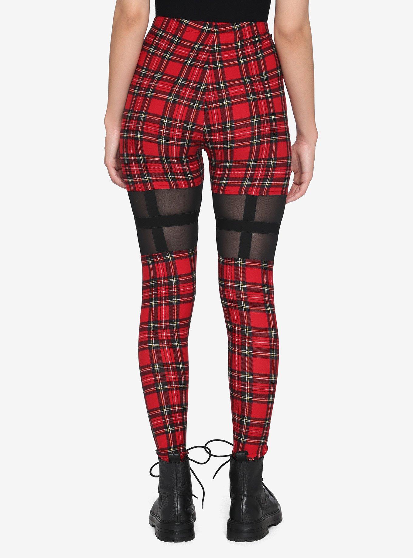 Red Plaid Mesh Panel Leggings, RED, alternate