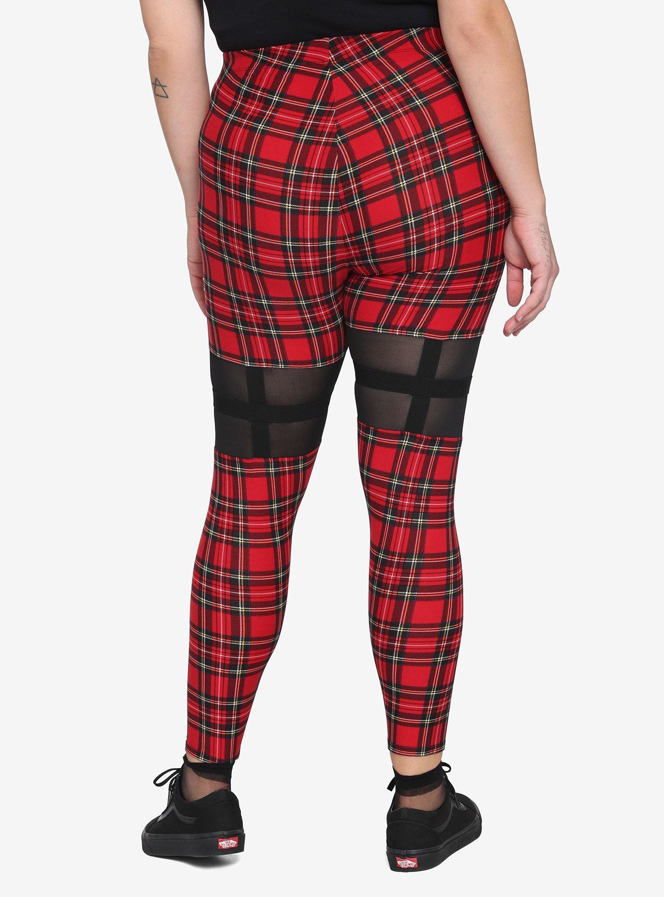Red Plaid Mesh Panel Leggings Plus Size, RED, alternate