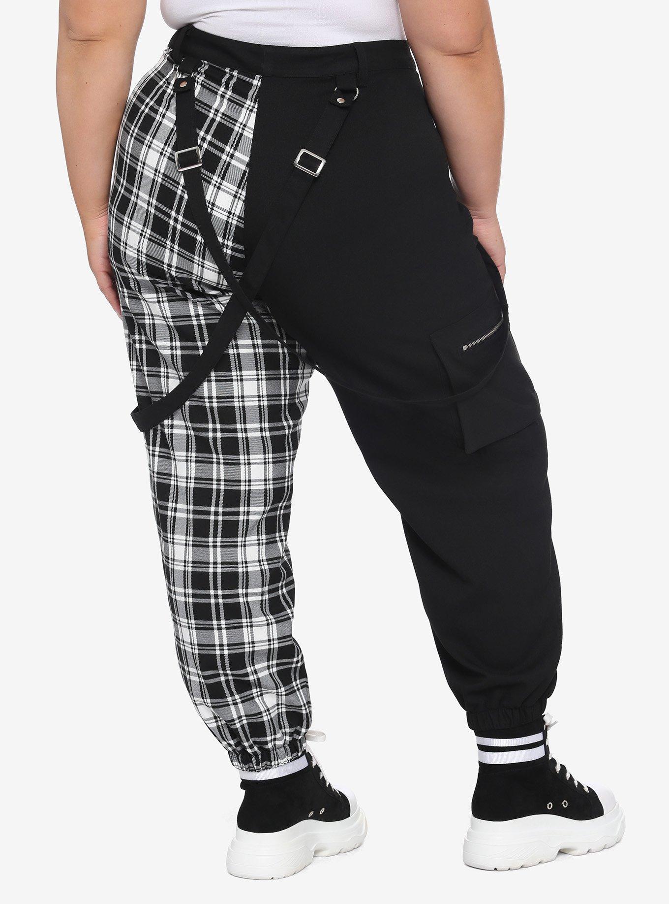Black & White Plaid & Black Split Suspender Jogger Pants Plus Size, MULTI, alternate