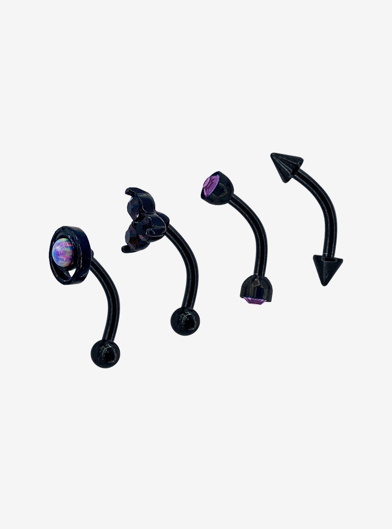 Steel Black & Purple Gems Eyebrow Barbell 4 Pack, BLACK, alternate