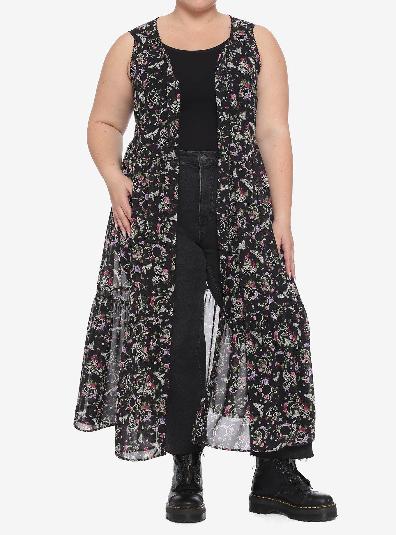 Witchy Floral Chiffon Sleeveless Duster Plus Size, BLACK, alternate