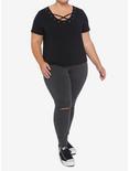 Black Grommet Crisscross Girls Crop T-Shirt Plus Size, BLACK, alternate