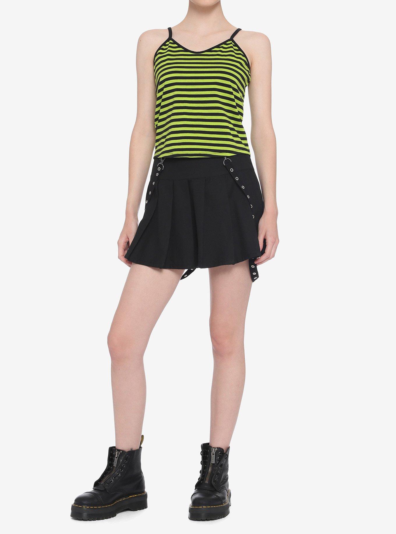 Black & Lime Green Stripe Girls Strappy Crop Tank Top, STRIPES, alternate