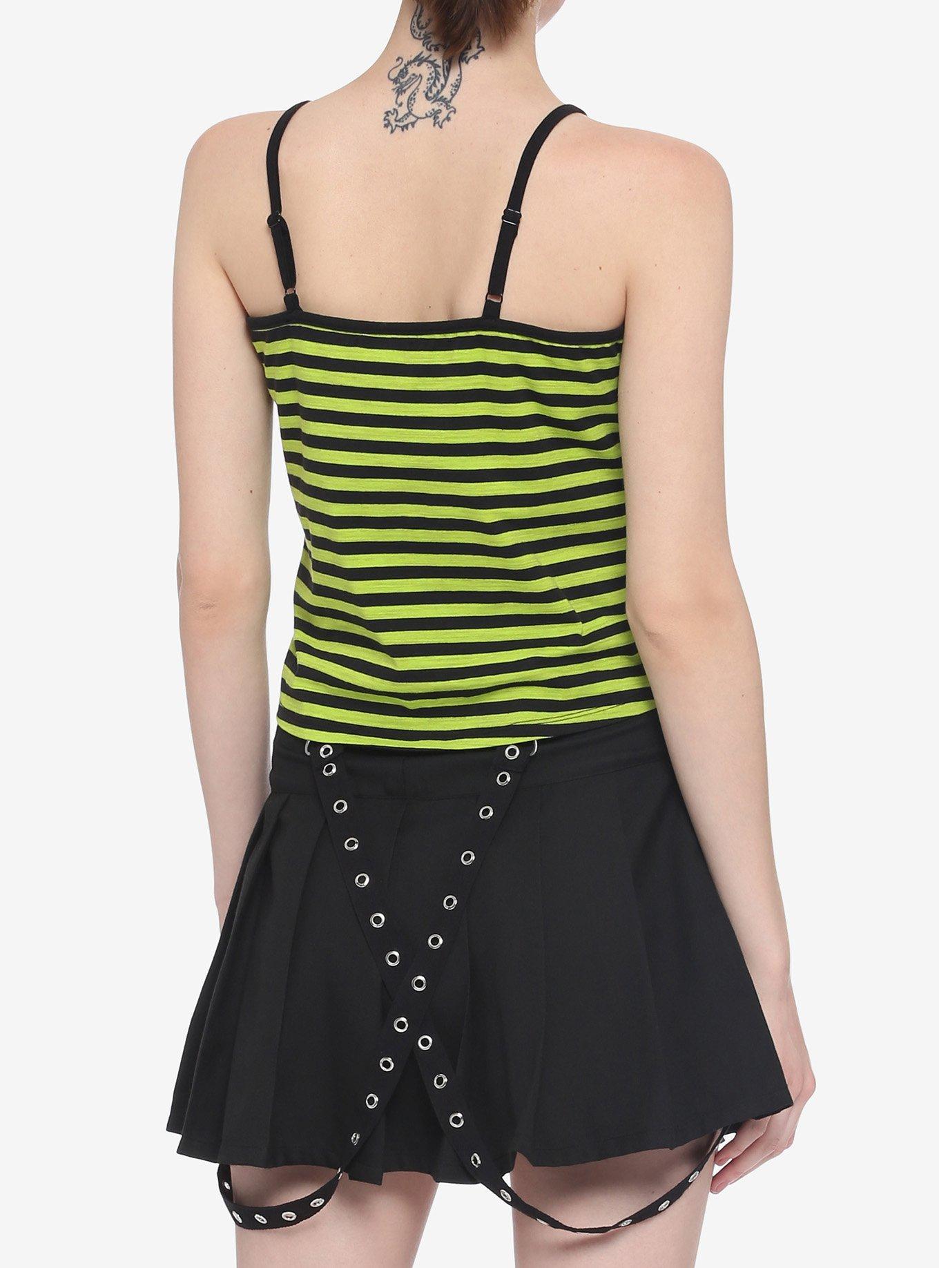 Black & Lime Green Stripe Girls Strappy Crop Tank Top, STRIPES, alternate