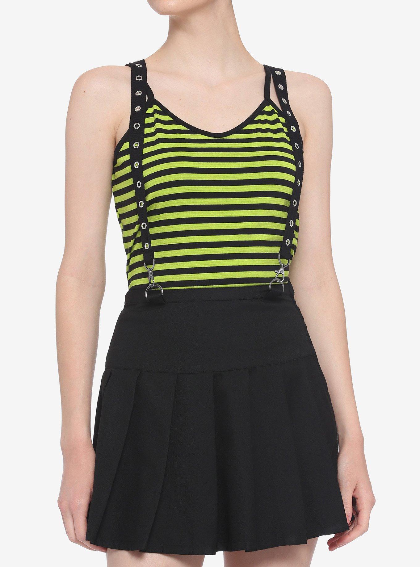 Black & Lime Green Stripe Girls Strappy Crop Tank Top, STRIPES, alternate