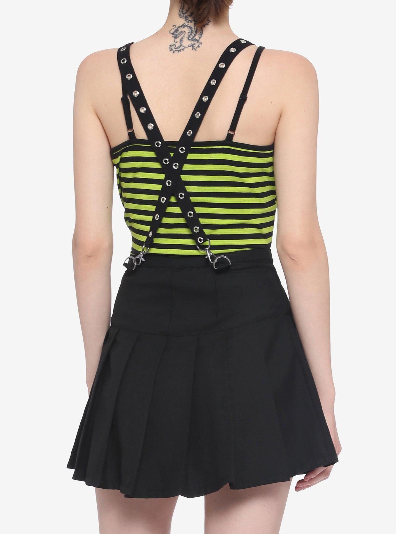 Black & Lime Green Stripe Girls Strappy Crop Tank Top, STRIPES, alternate