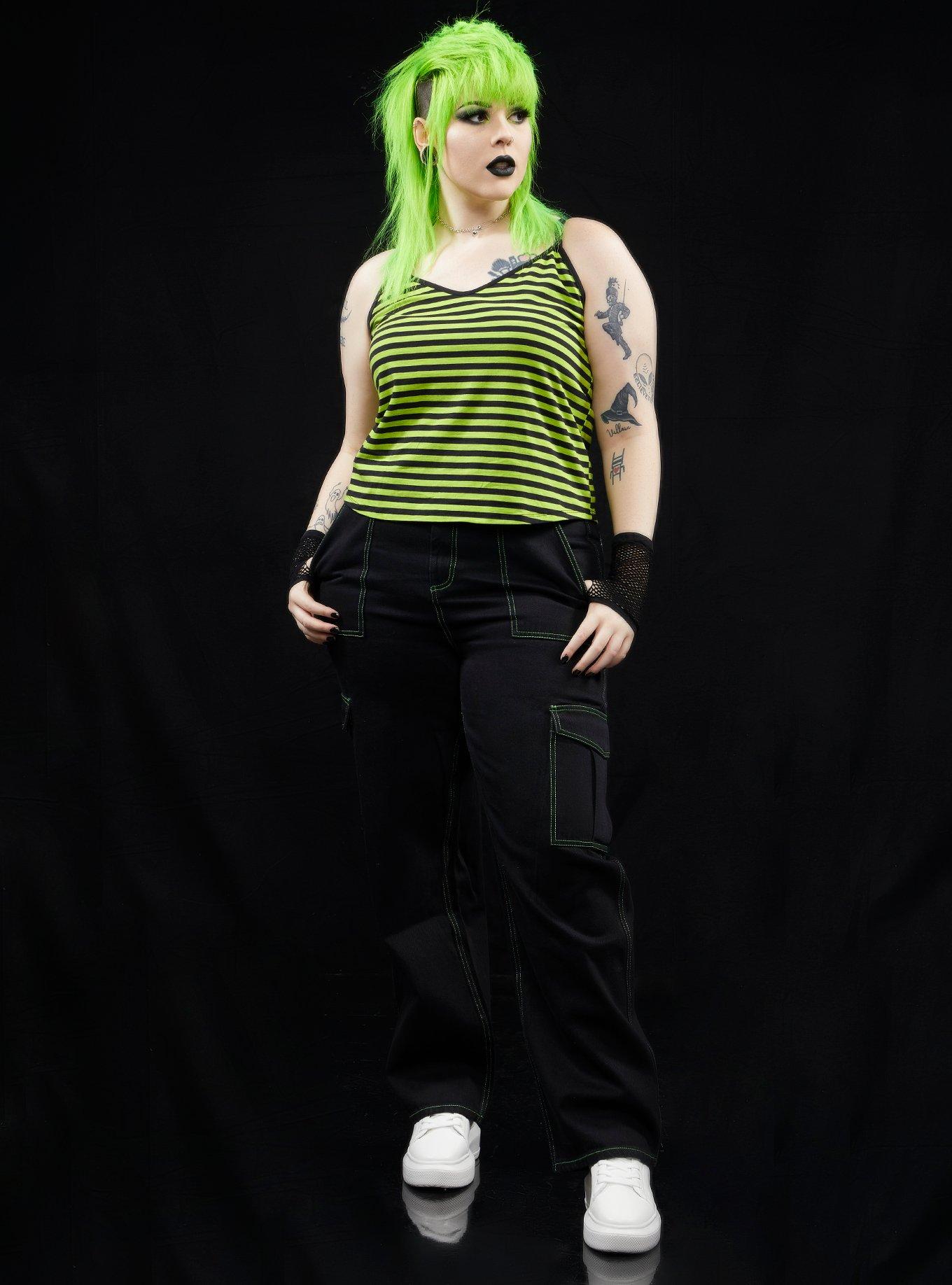 Black & Lime Green Stripe Girls Strappy Crop Tank Top Plus Size, STRIPES, alternate