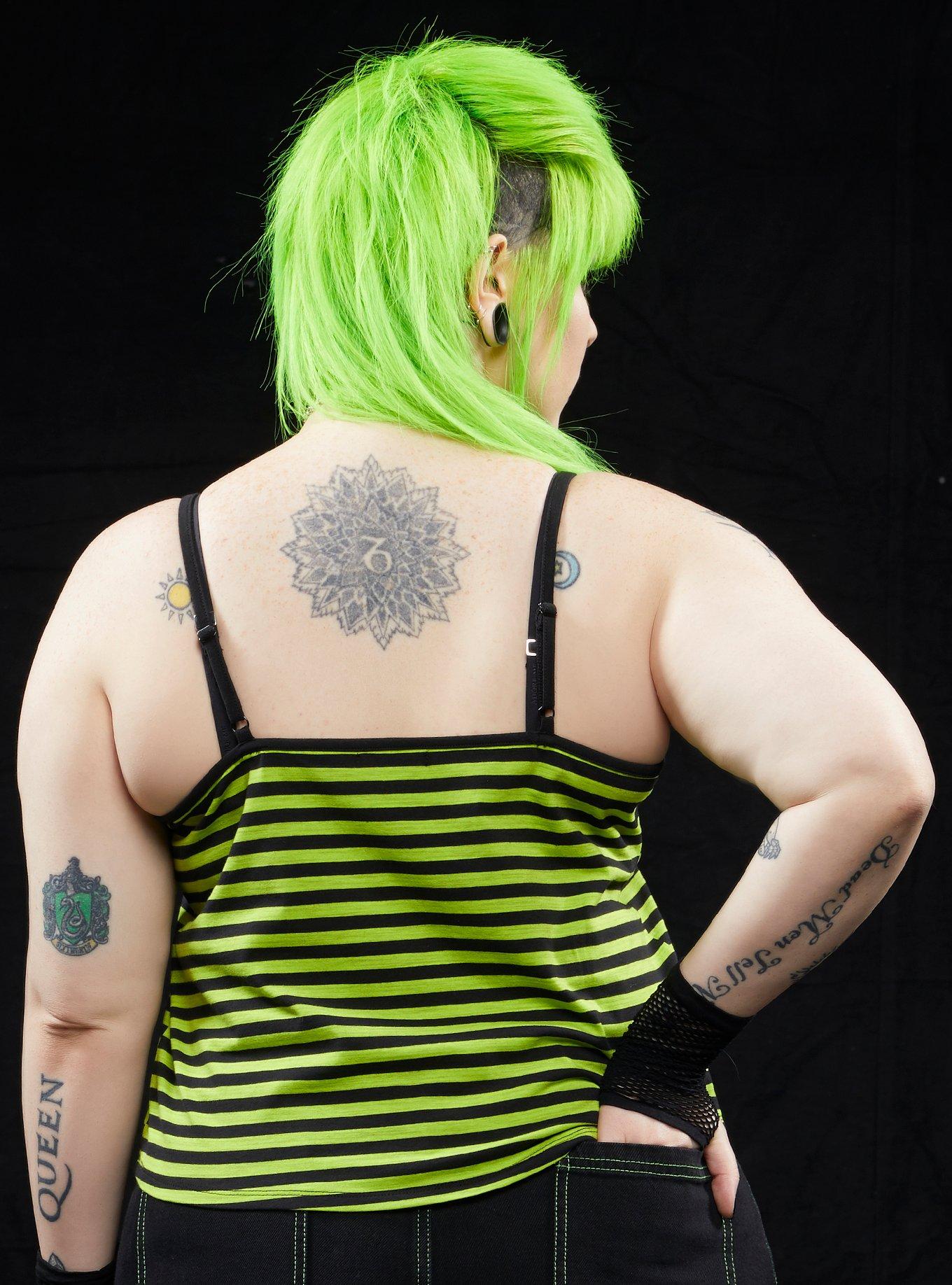 Black & Lime Green Stripe Girls Strappy Crop Tank Top Plus Size, STRIPES, alternate