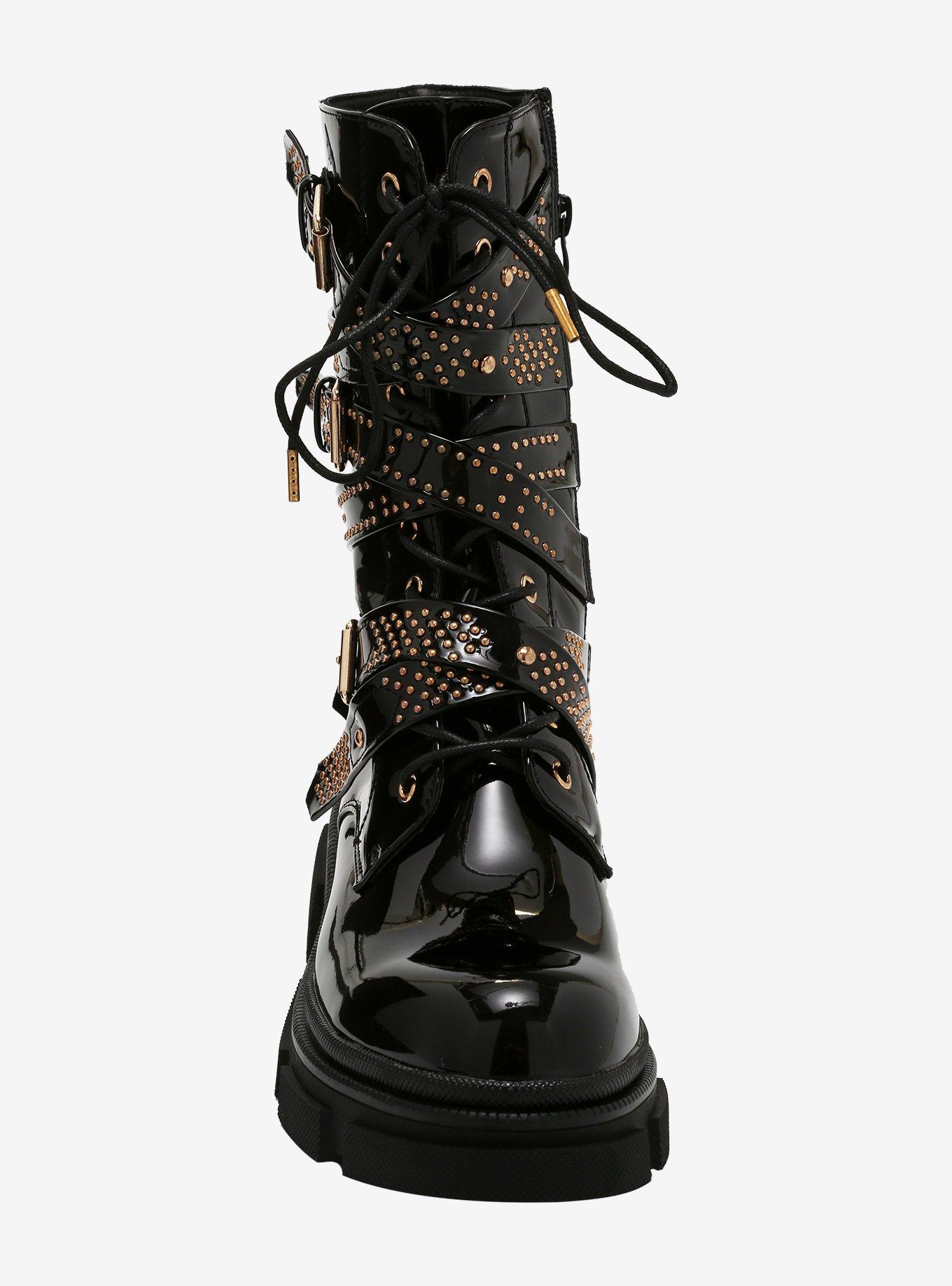 Gold Stud Multi Strap Black Patent Combat Boots, BLACK, alternate