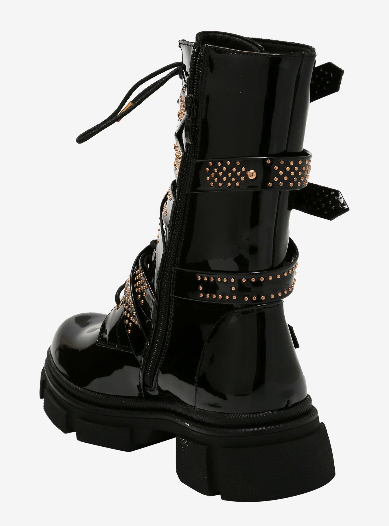 Gold Stud Multi Strap Black Patent Combat Boots, BLACK, alternate