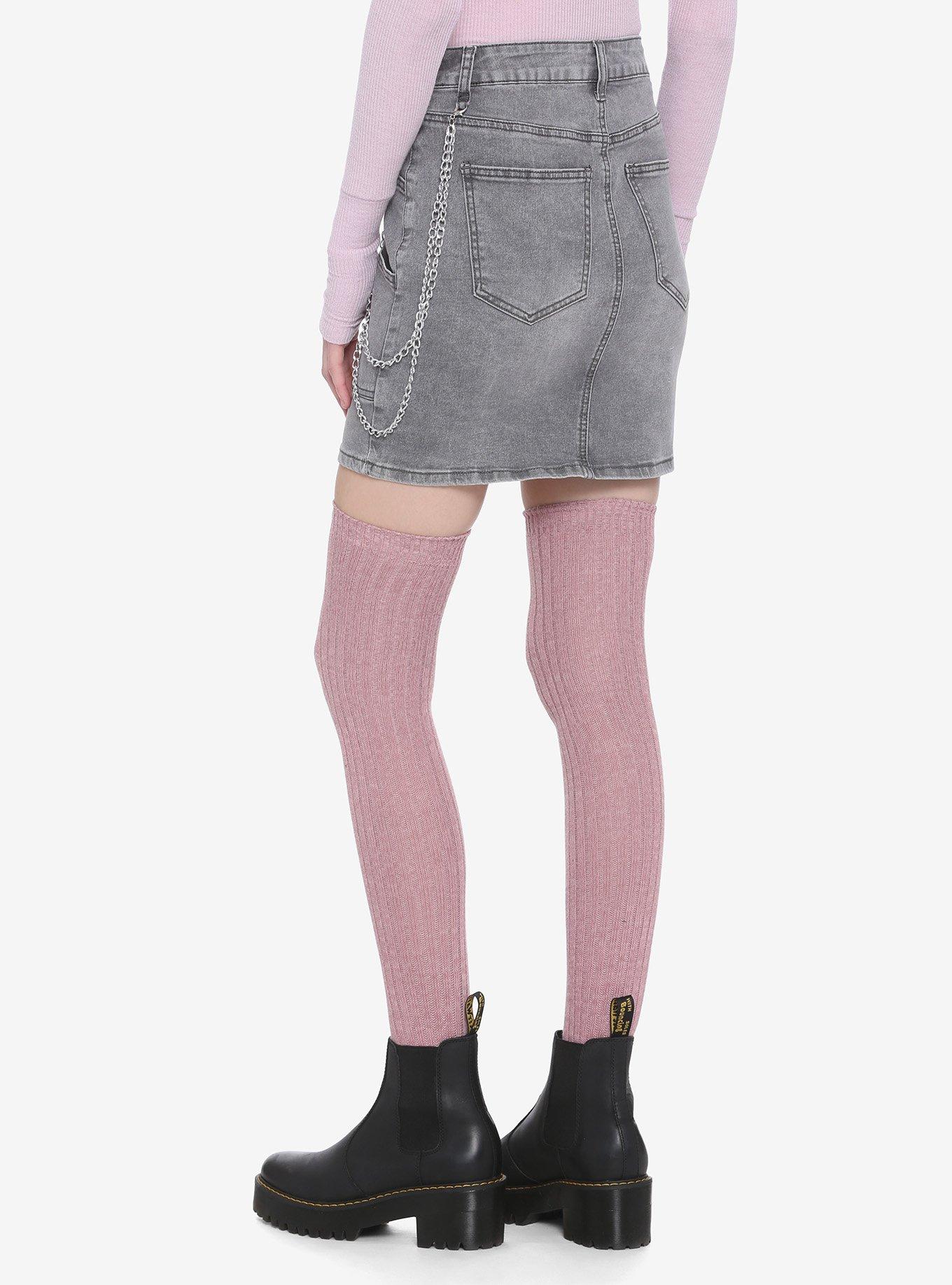 Grey Wash Chain Denim Skirt, GREY, alternate