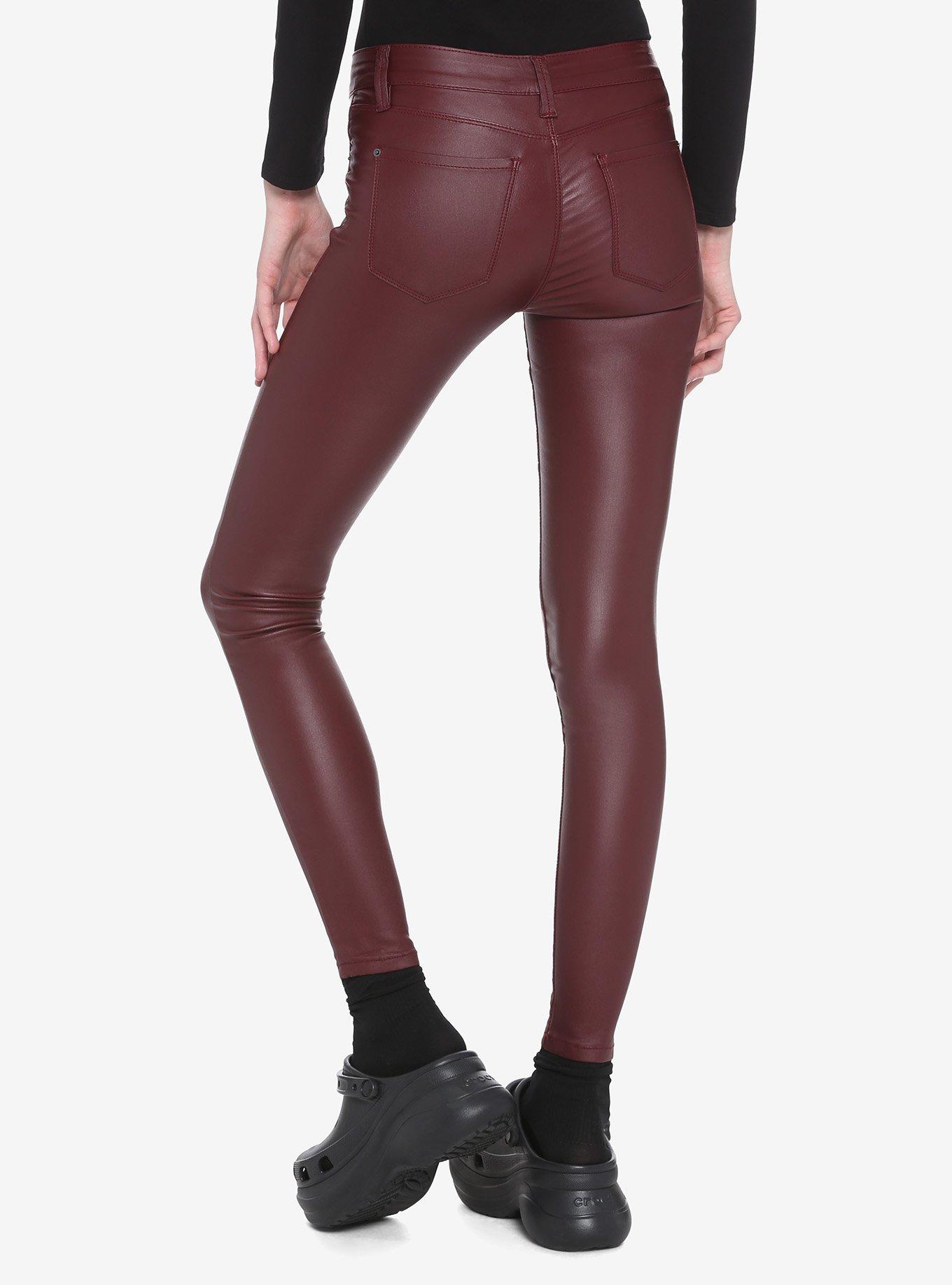 Burgundy Faux Leather Skinny Pants, BURGUNDY, alternate
