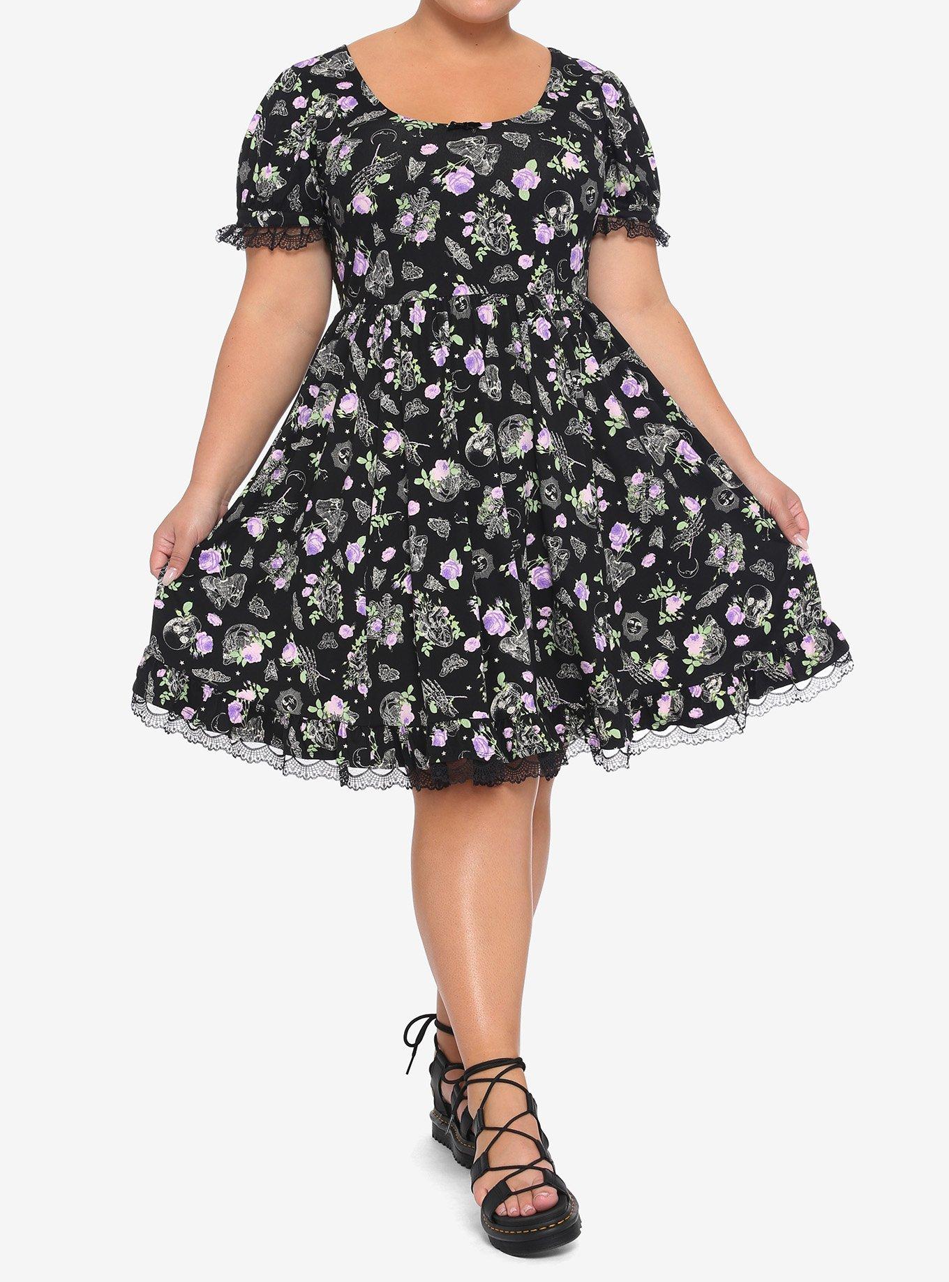 Floral Bones & Lace Skater Dress Plus Size, BLACK, alternate