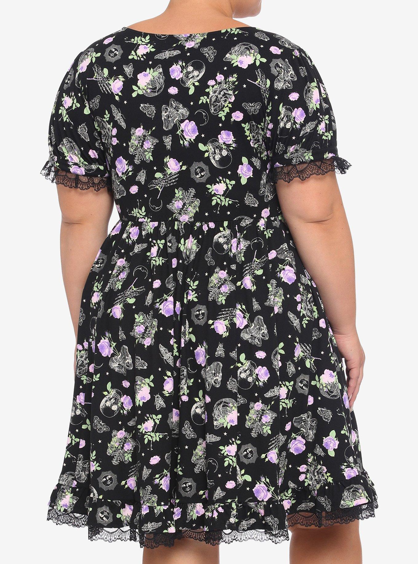 Floral Bones & Lace Skater Dress Plus Size, BLACK, alternate