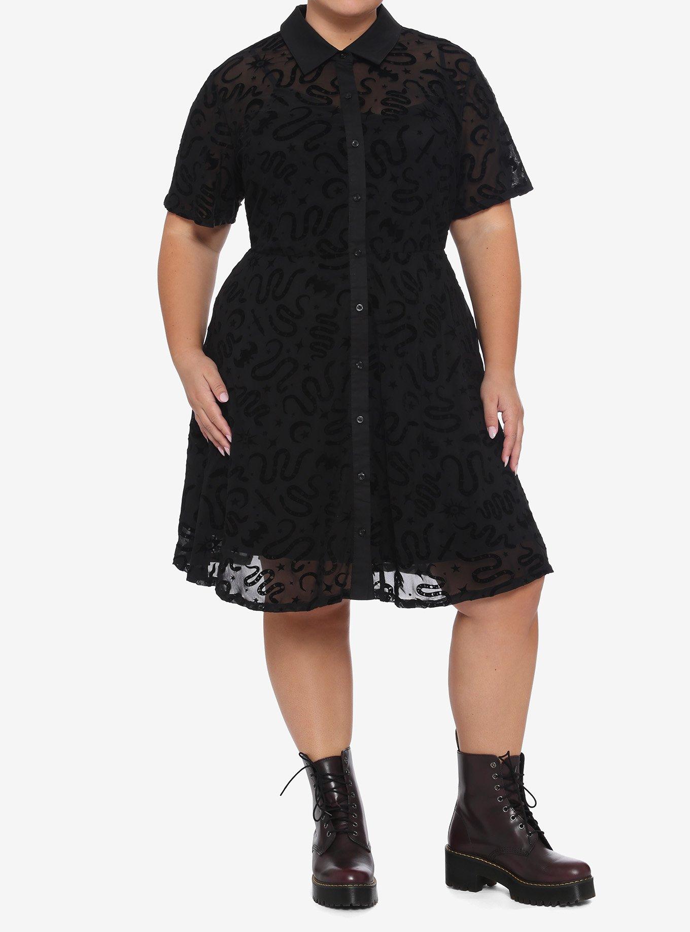 Snake Flocked Button-Front Collar Dress Plus Size, BLACK, alternate