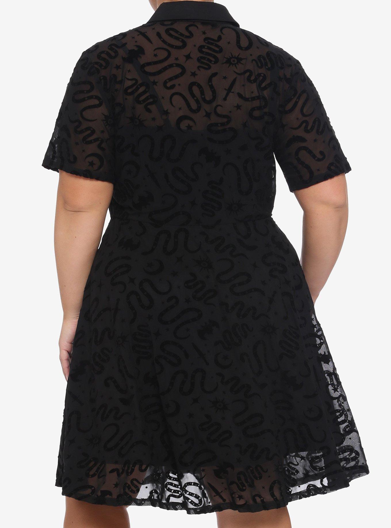 Snake Flocked Button-Front Collar Dress Plus Size, BLACK, alternate