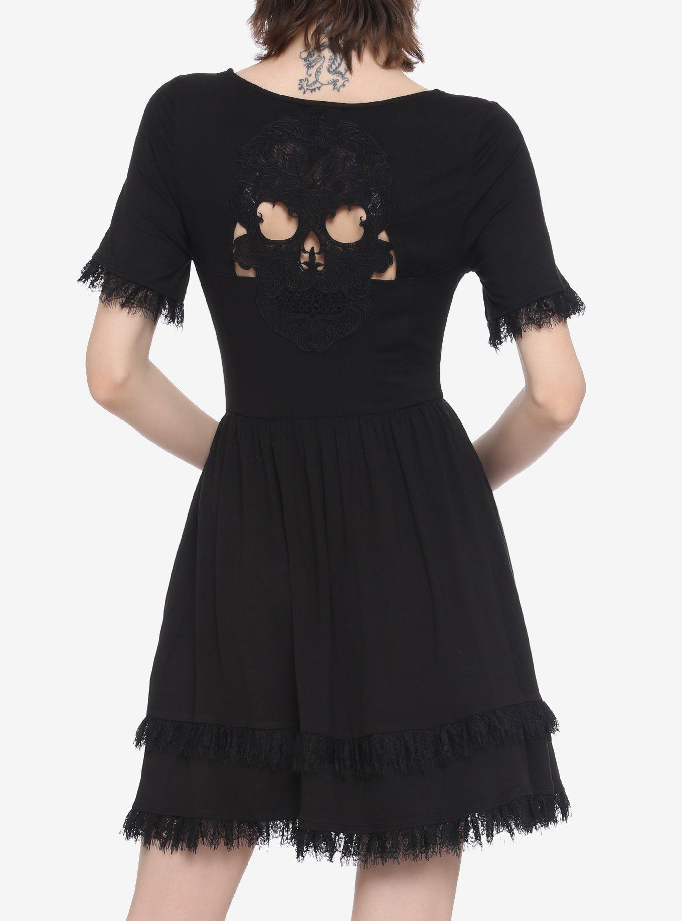 Black Skull Back Ruffles & Lace Dress, BLACK, alternate
