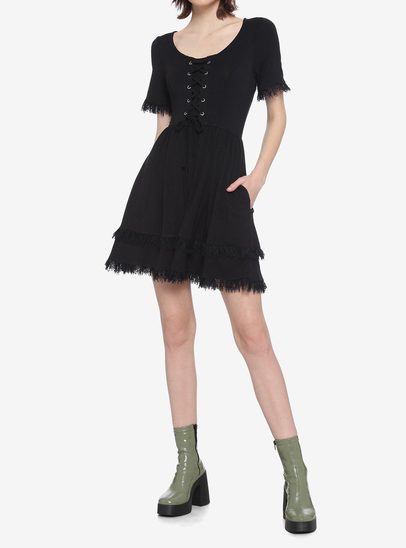 Black Skull Back Ruffles & Lace Dress, BLACK, alternate