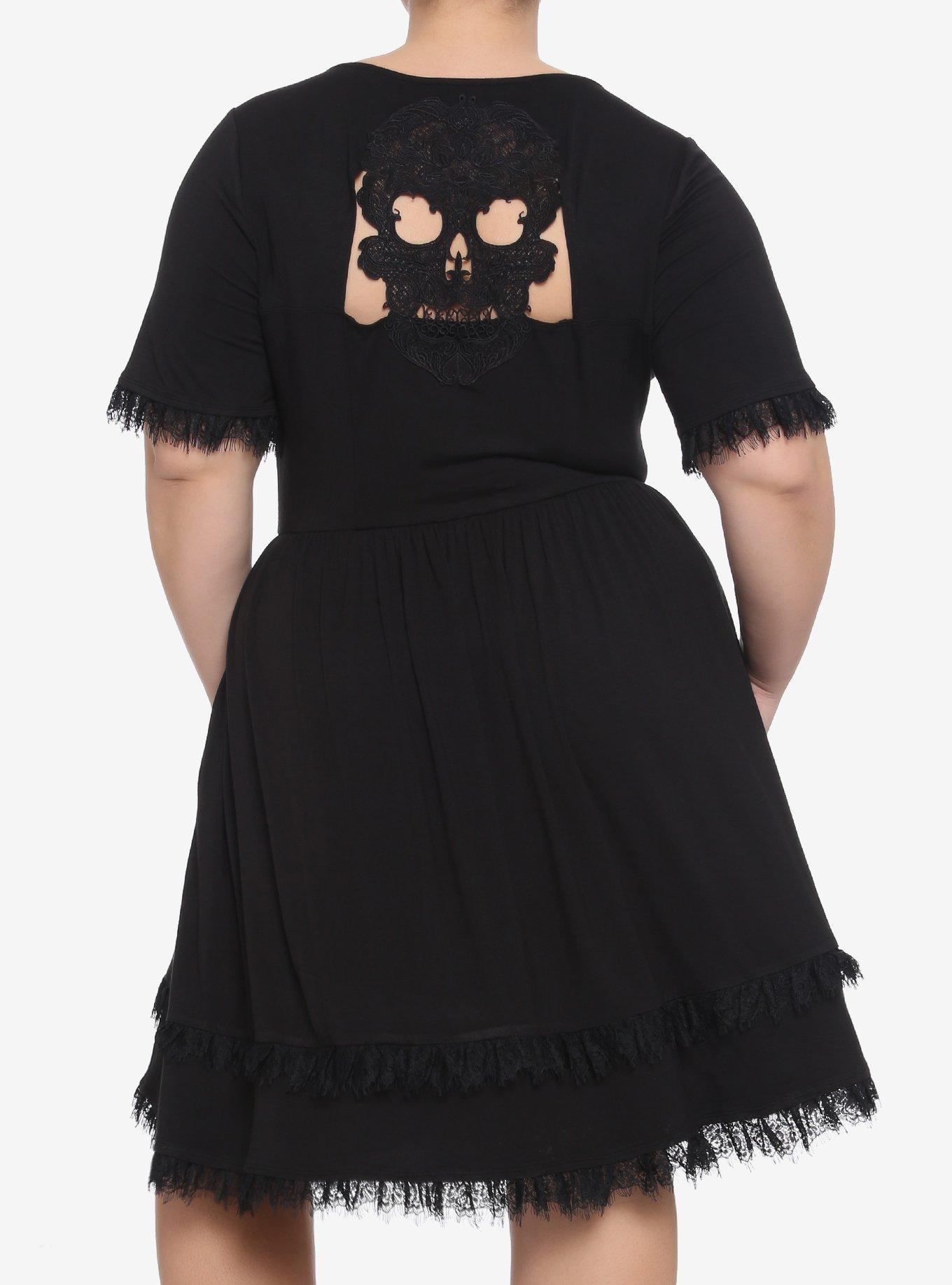 Black Skull Back Ruffles & Lace Dress Plus Size, BLACK, alternate