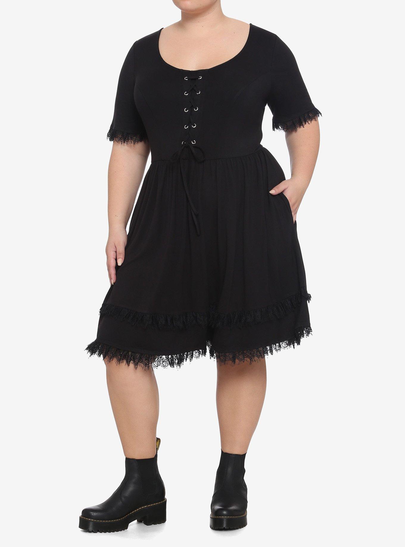 Black Skull Back Ruffles & Lace Dress Plus Size, BLACK, alternate