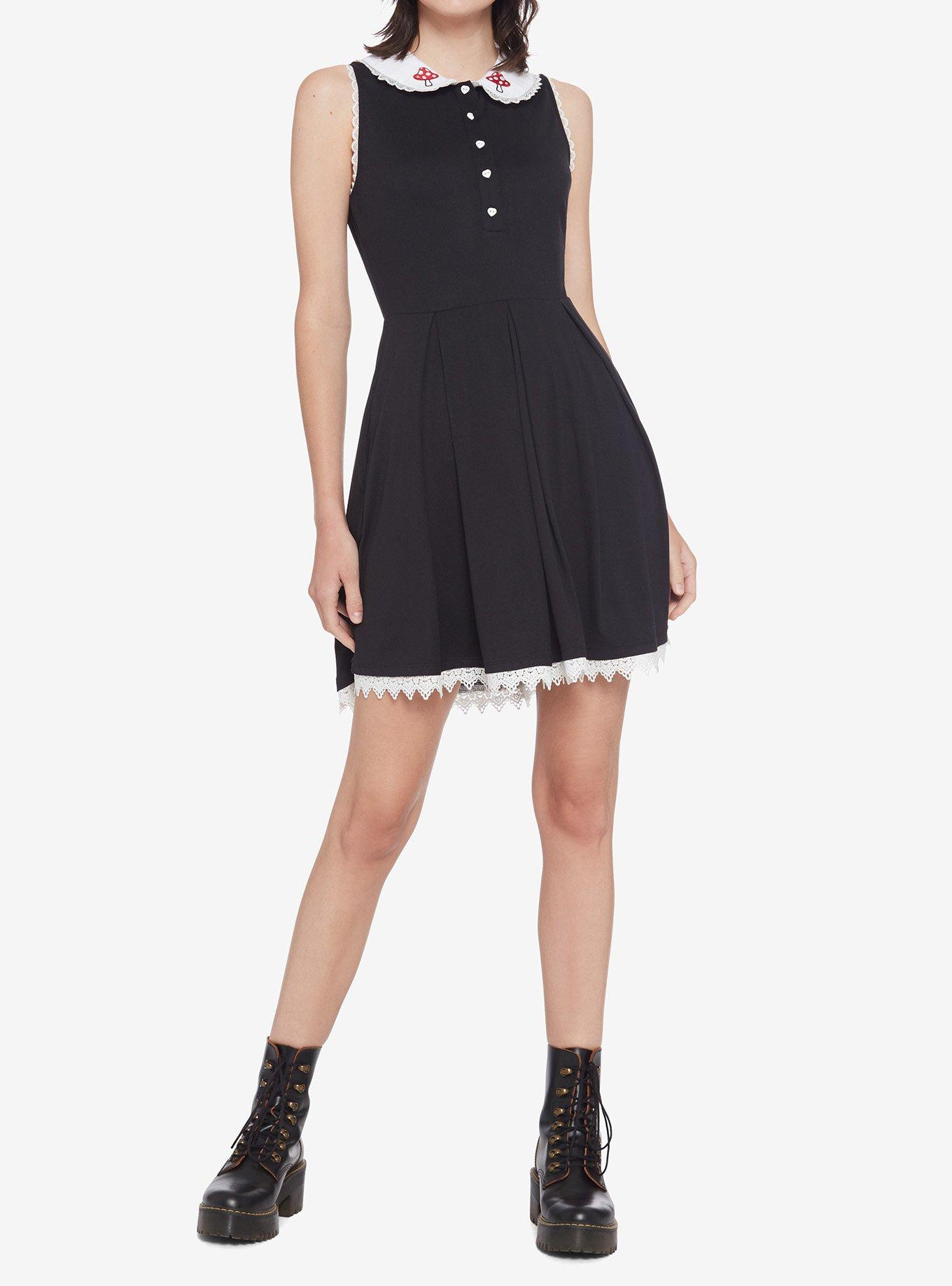 Mushroom Collar Lace Trim Dress, BLACK, alternate