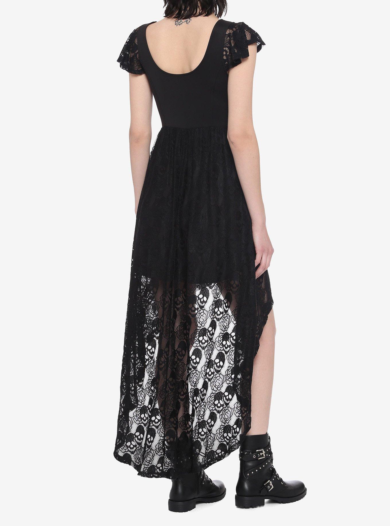 Black Lace-Up Front Skull Lace Hi-Low Dress, BLACK, alternate