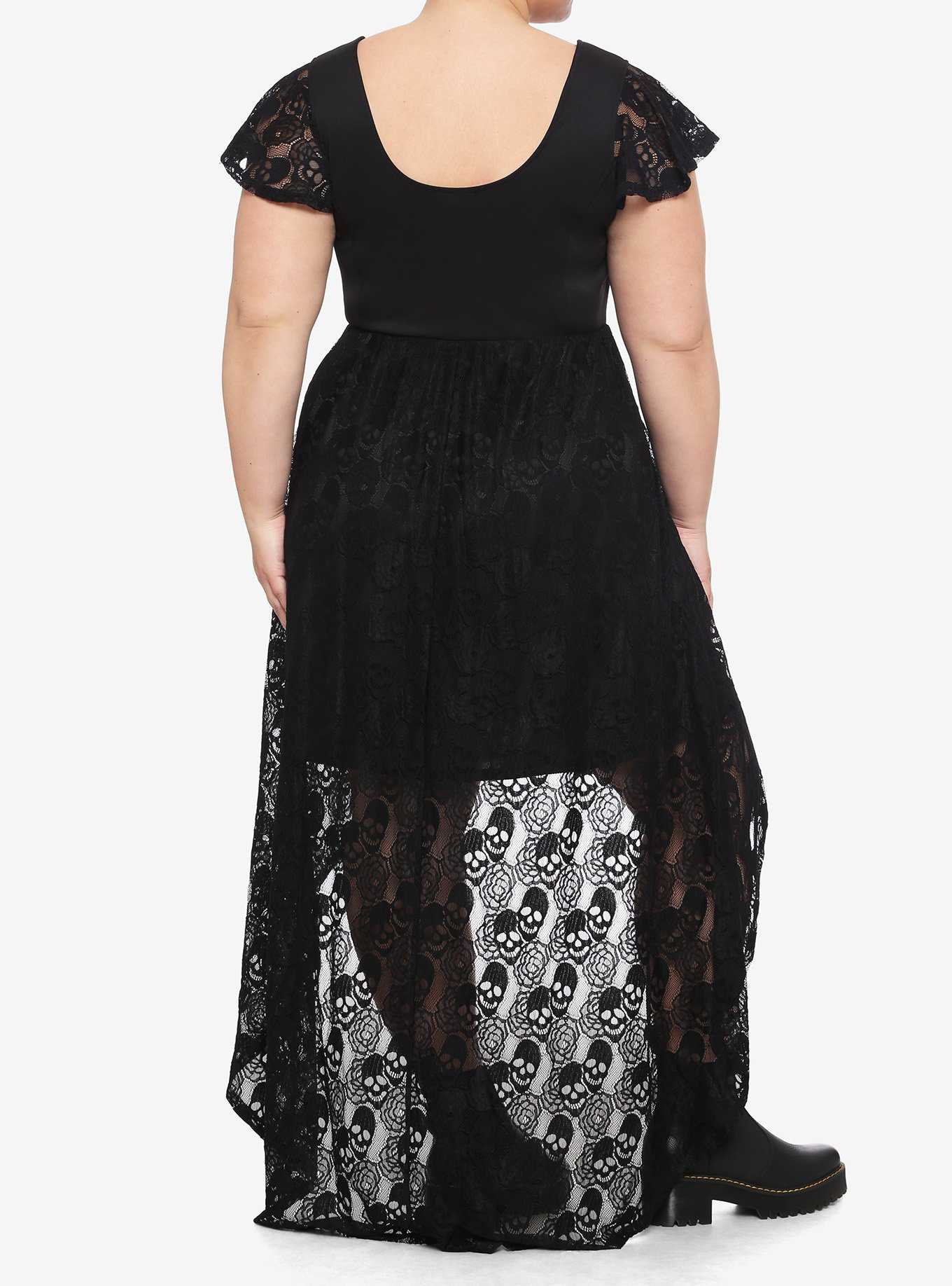 Black Lace-Up Front Skull Lace Hi-Low Dress Plus Size, , hi-res