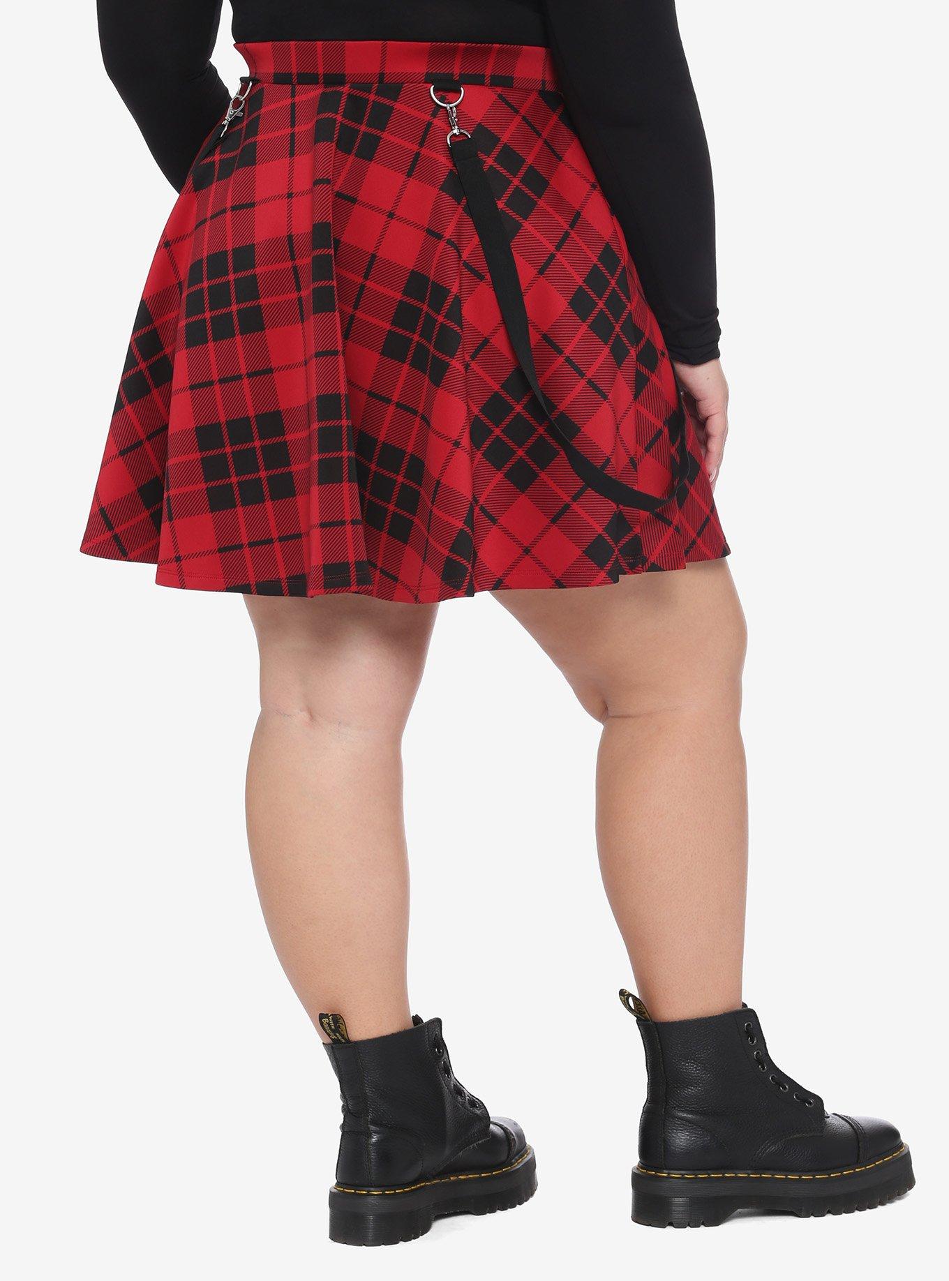 Red Plaid O-Ring Suspender Skirt Plus Size, PLAID - RED, alternate