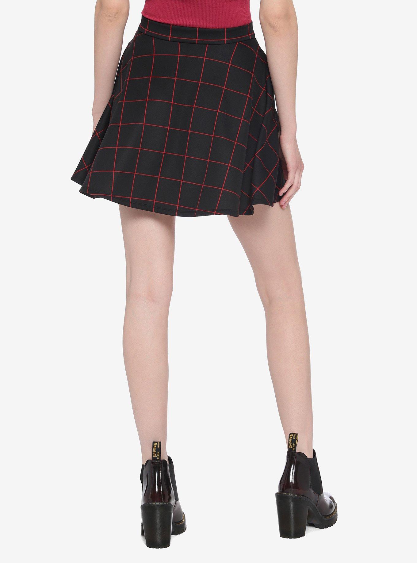 Black & Red Grid O-Ring Skater Skirt, PLAID - RED, alternate