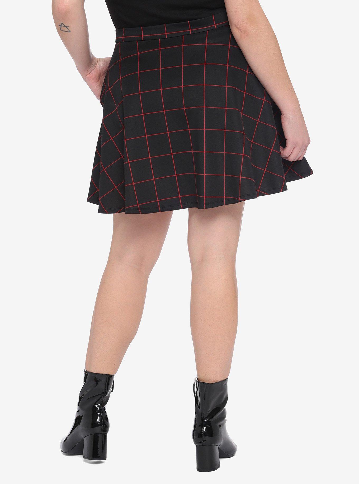 Black & Red Grid O-Ring Skater Skirt Plus Size, PLAID - RED, alternate